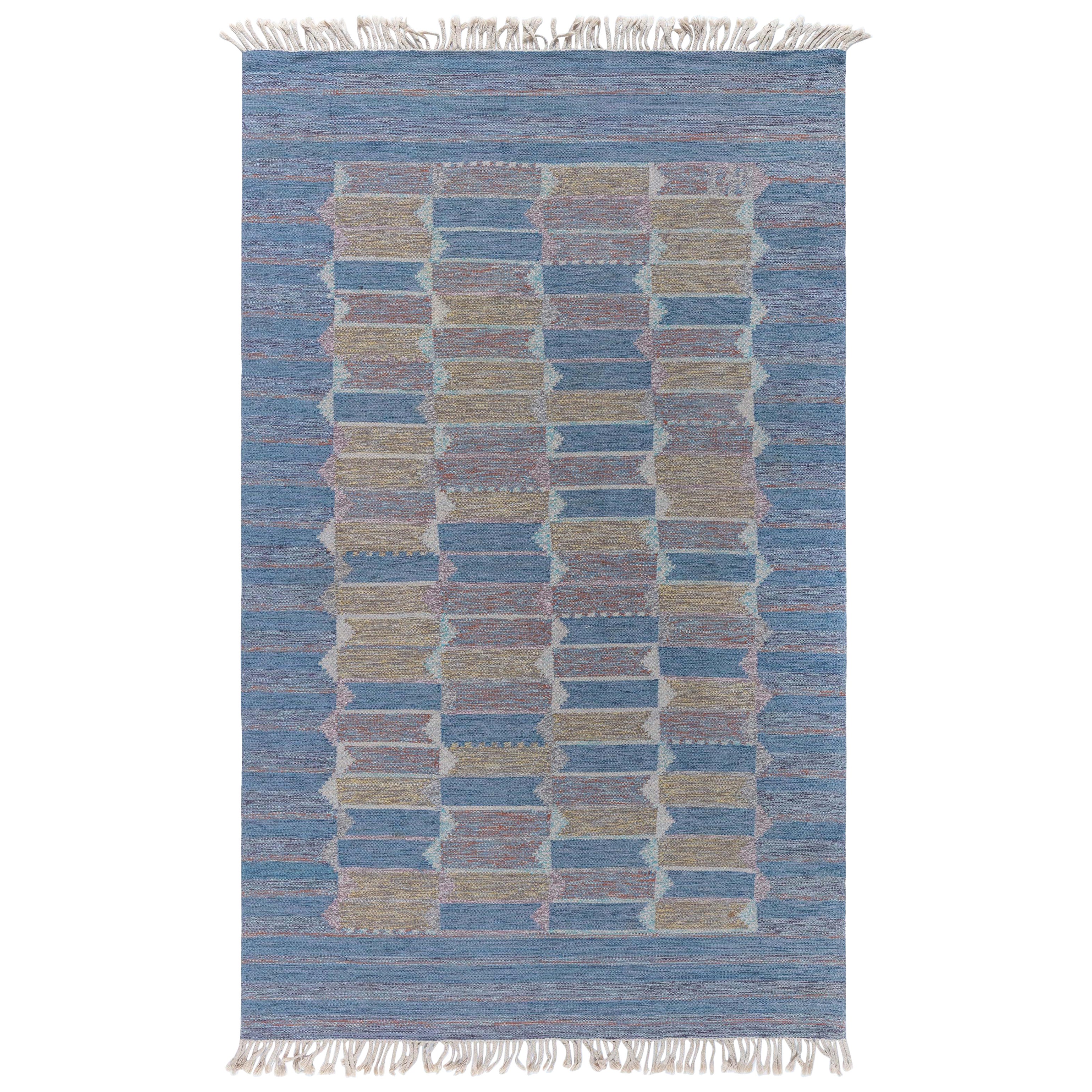 Doris Leslie Blauer schwedischer flacher gewebter Vintage-Teppich