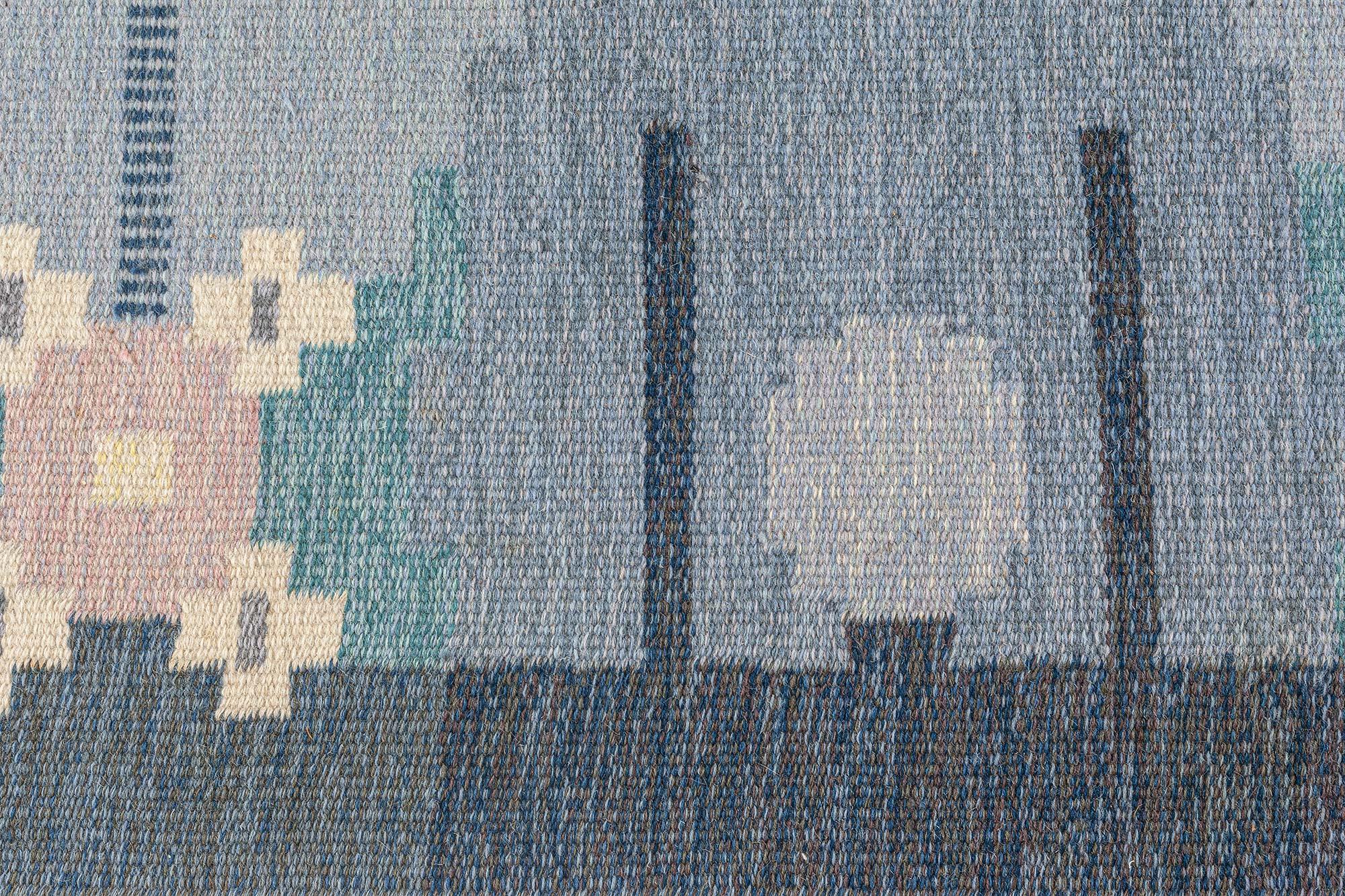 Doris Leslie Blauer schwedischer flacher gewebter Vintage-Teppich Signiert von Ingegerd Silow (Skandinavisch) im Angebot