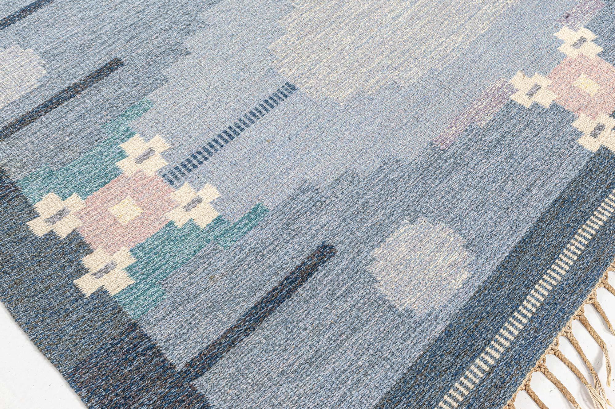 Doris Leslie Blauer schwedischer flacher gewebter Vintage-Teppich Signiert von Ingegerd Silow im Zustand „Gut“ im Angebot in New York, NY