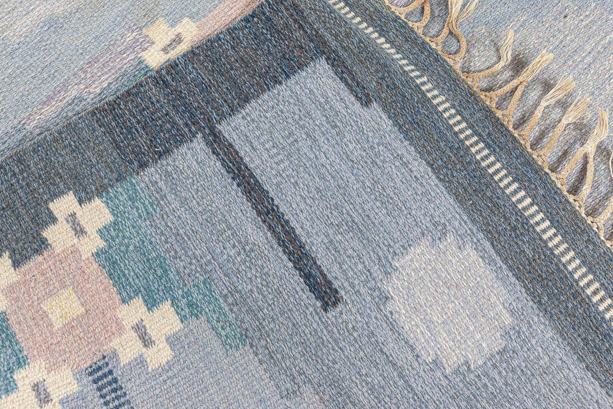 Doris Leslie Blauer schwedischer flacher gewebter Vintage-Teppich Signiert von Ingegerd Silow (20. Jahrhundert) im Angebot