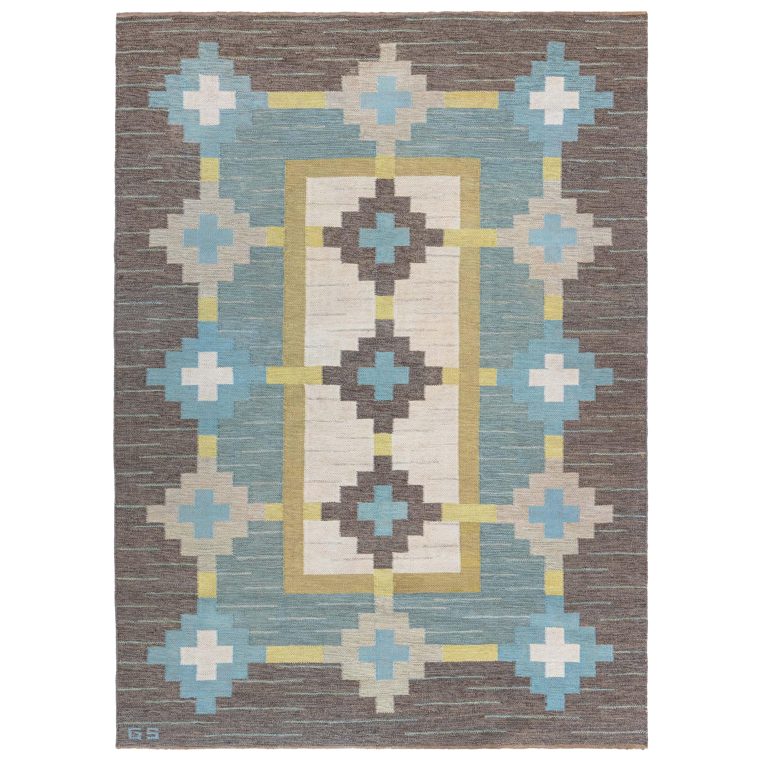 Doris Leslie Blau Tappeto svedese vintage a tessitura piatta firmato con le iniziali GS