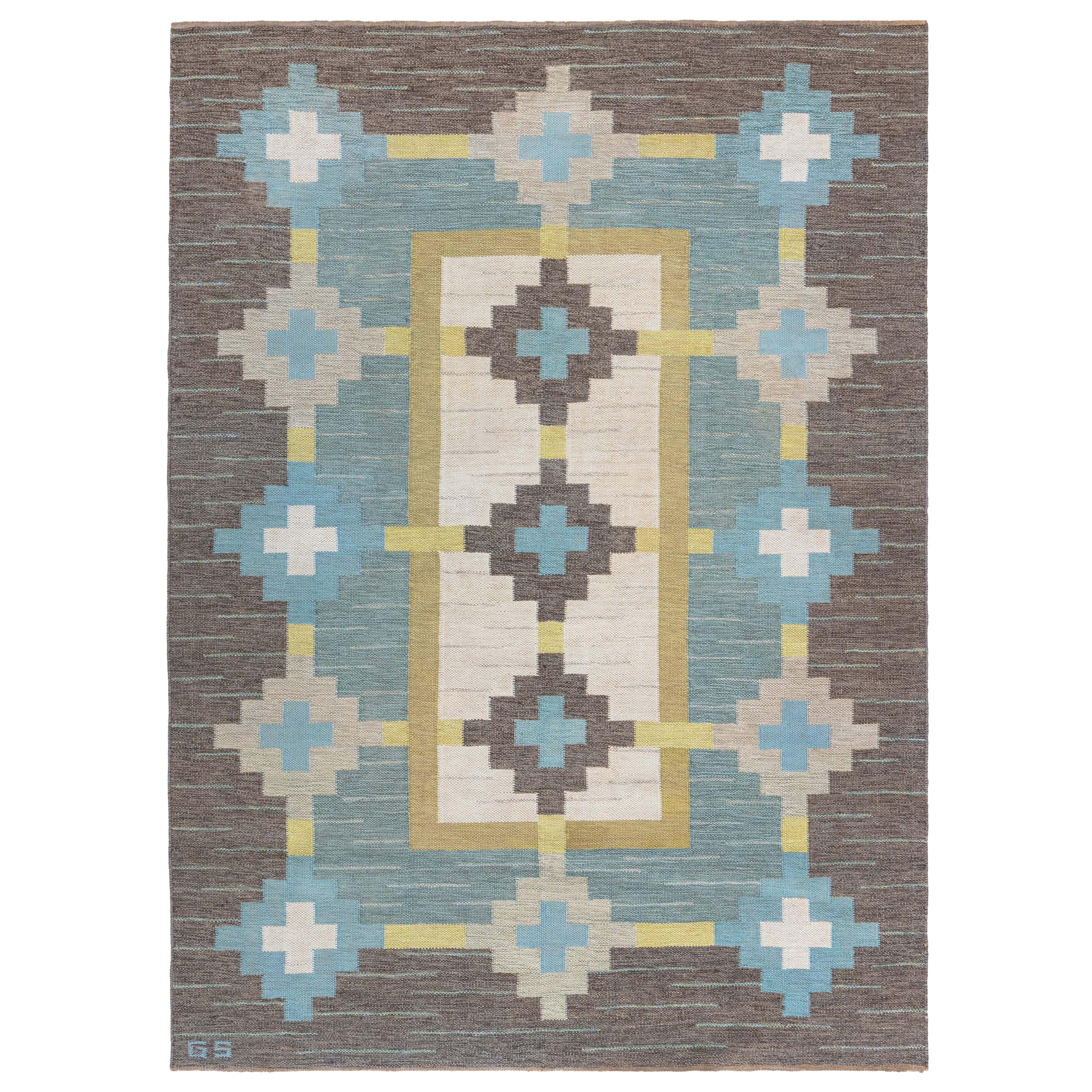 Doris Leslie Blauer schwedischer flacher gewebter Vintage-Teppich, signiert mit Initialen GS