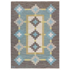 Doris Leslie Blauer schwedischer flacher gewebter Vintage-Teppich, signiert mit Initialen GS