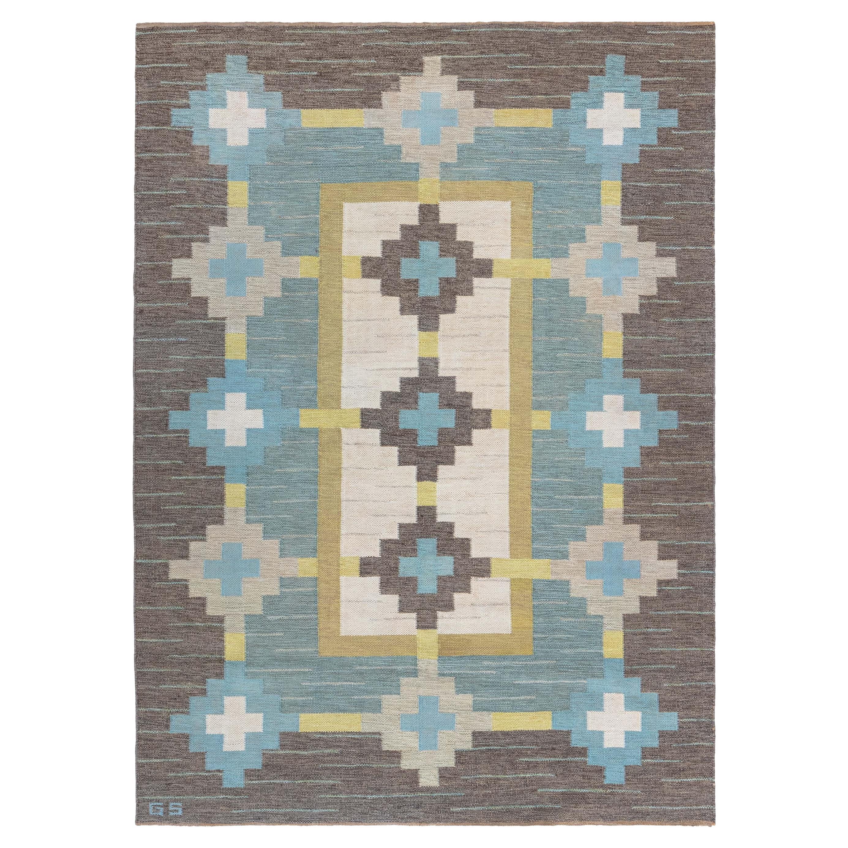 Doris Leslie Blau Vintage Swedish Flat Woven Rug Signed With Initials GS For Sale