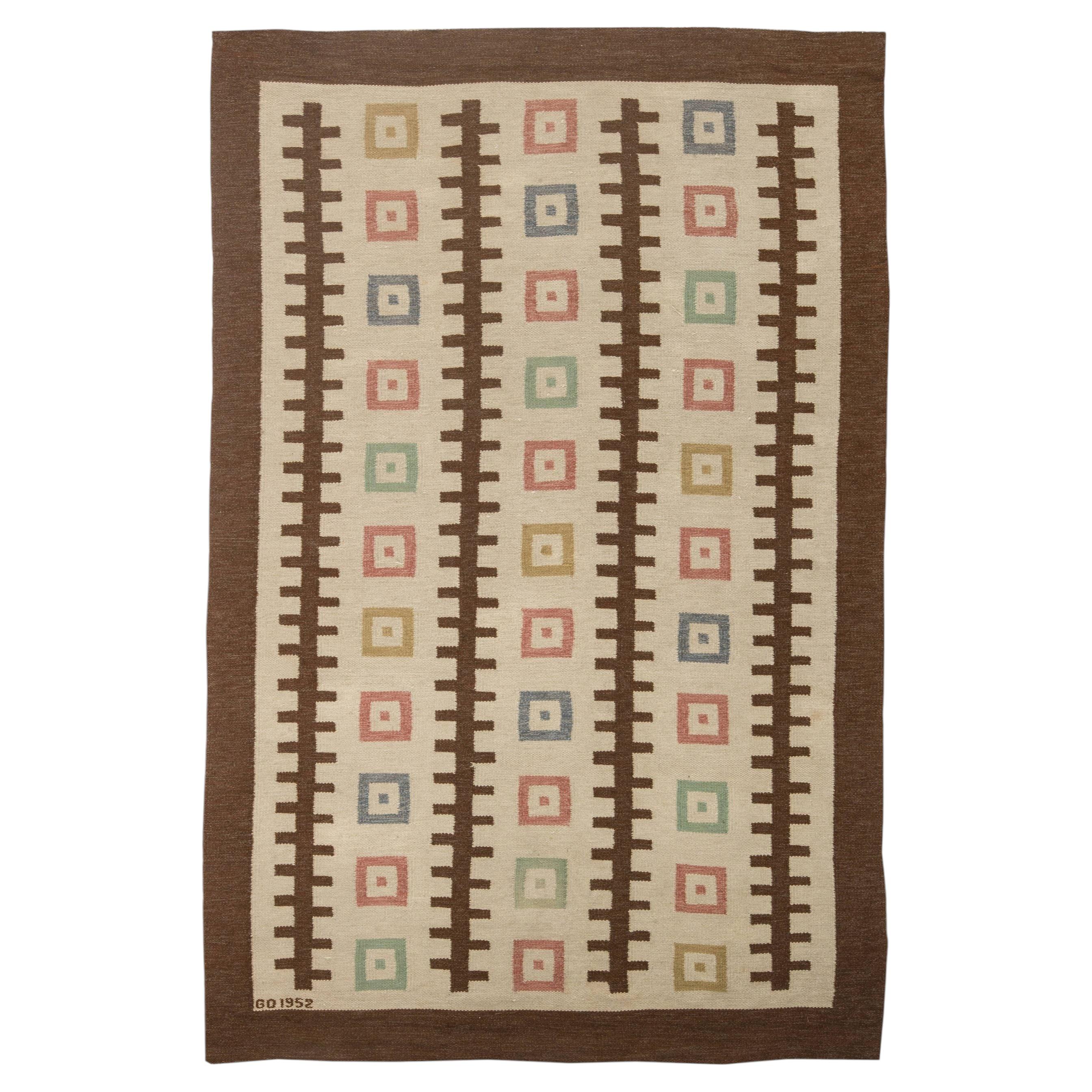 Doris Leslie Blau Vintage Swedish Flatweave Carpet In Beige, Signed "GO 1952"