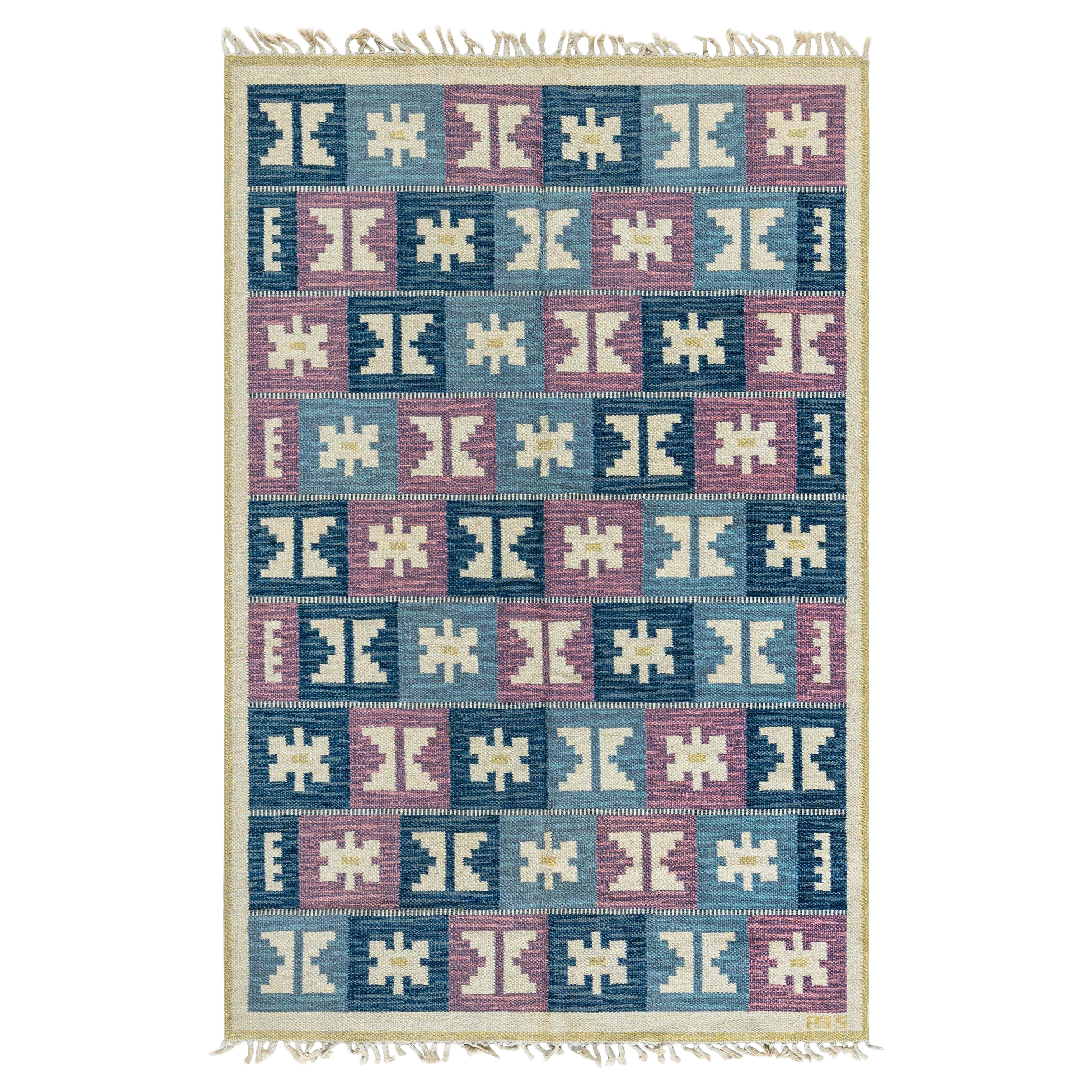 Doris Leslie Blau Vintage Swedish Geometric Flat-Weave di Anna-Greta Sjöqvist in vendita