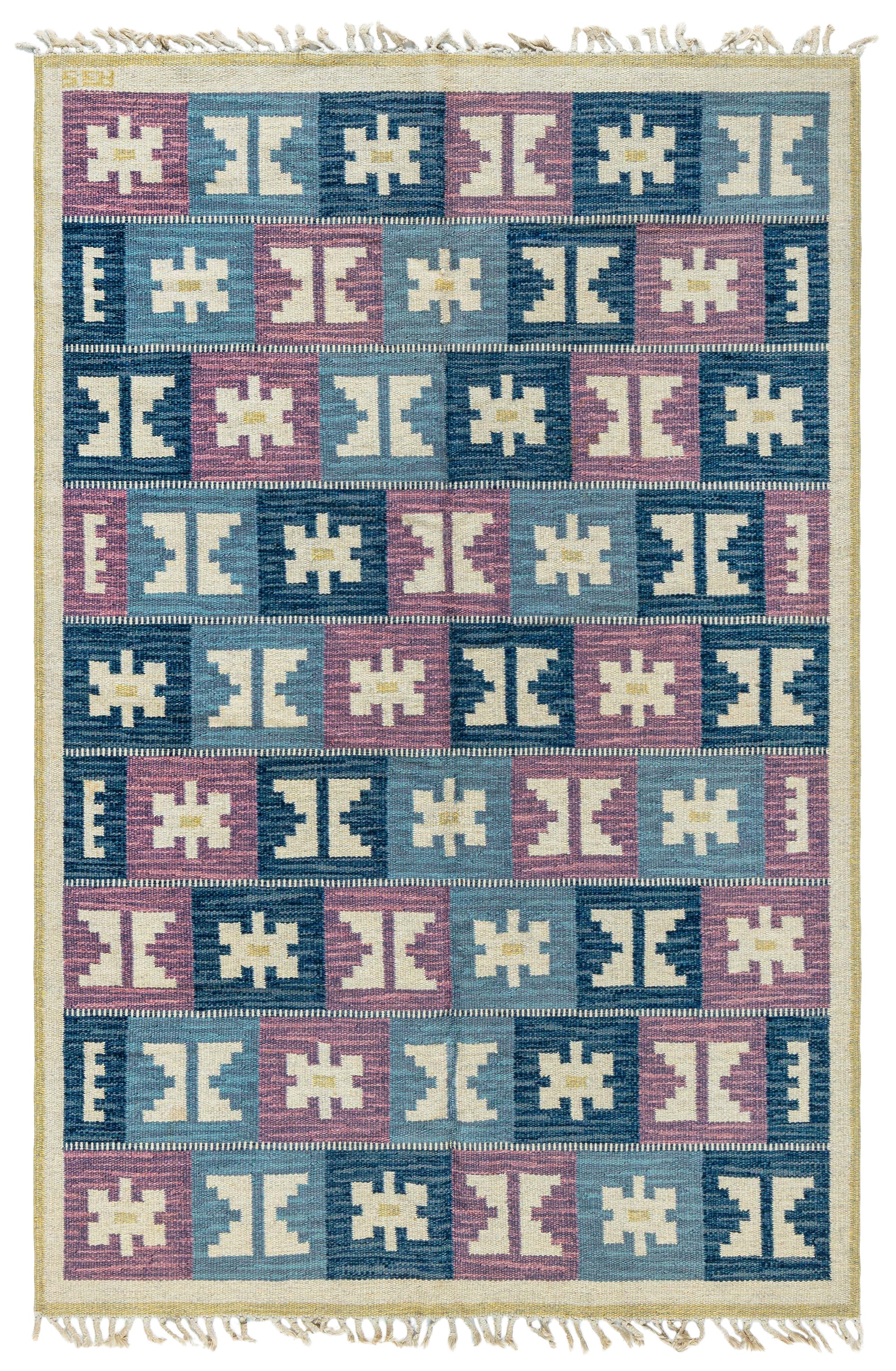 Doris Leslie Blau Vintage Swedish Geometric Flat-Weave di Anna-Greta Sjöqvist in vendita