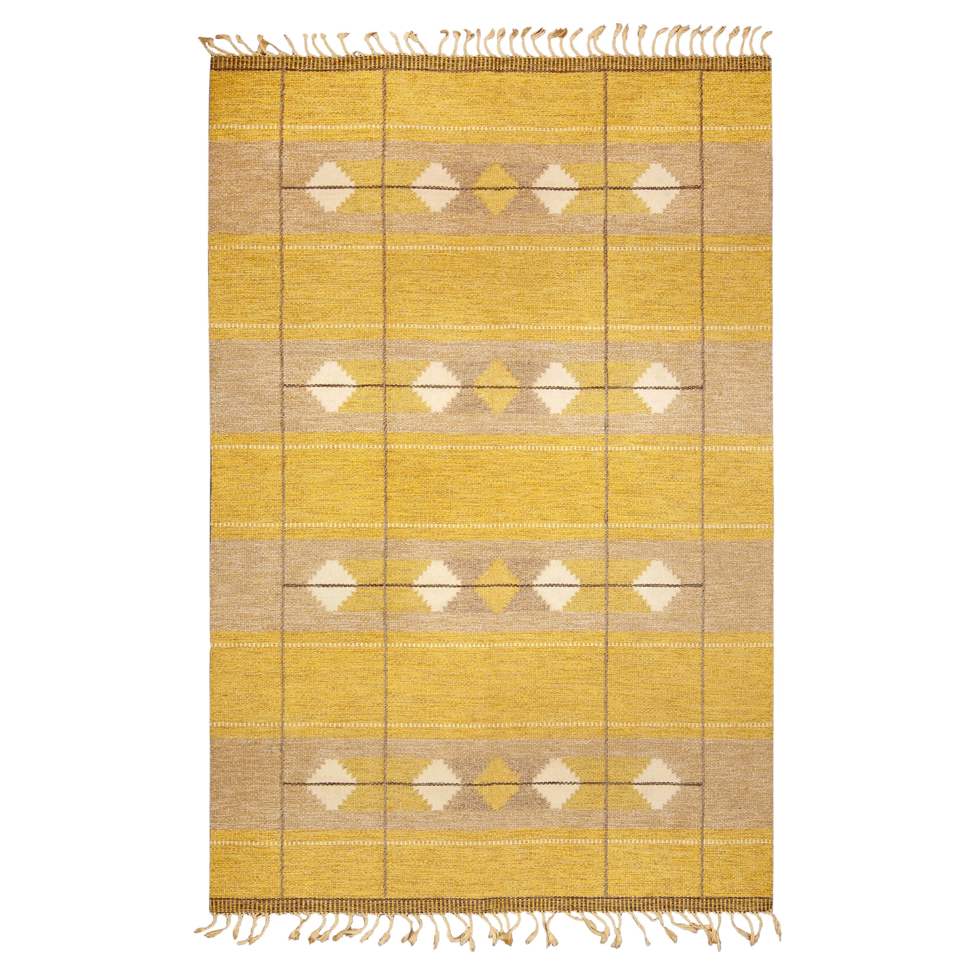 Doris Leslie Blau Vintage Swedish Geometric Light Beige Flatweave Wool Rug