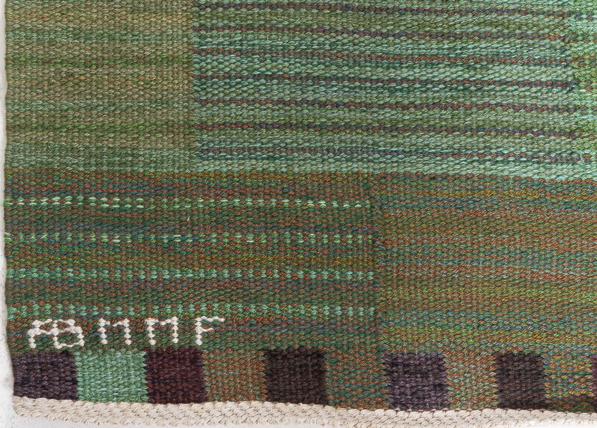 Hand-Woven Doris Leslie Blau Vintage Swedish Green Rug by Marianne Richter AB MMF For Sale