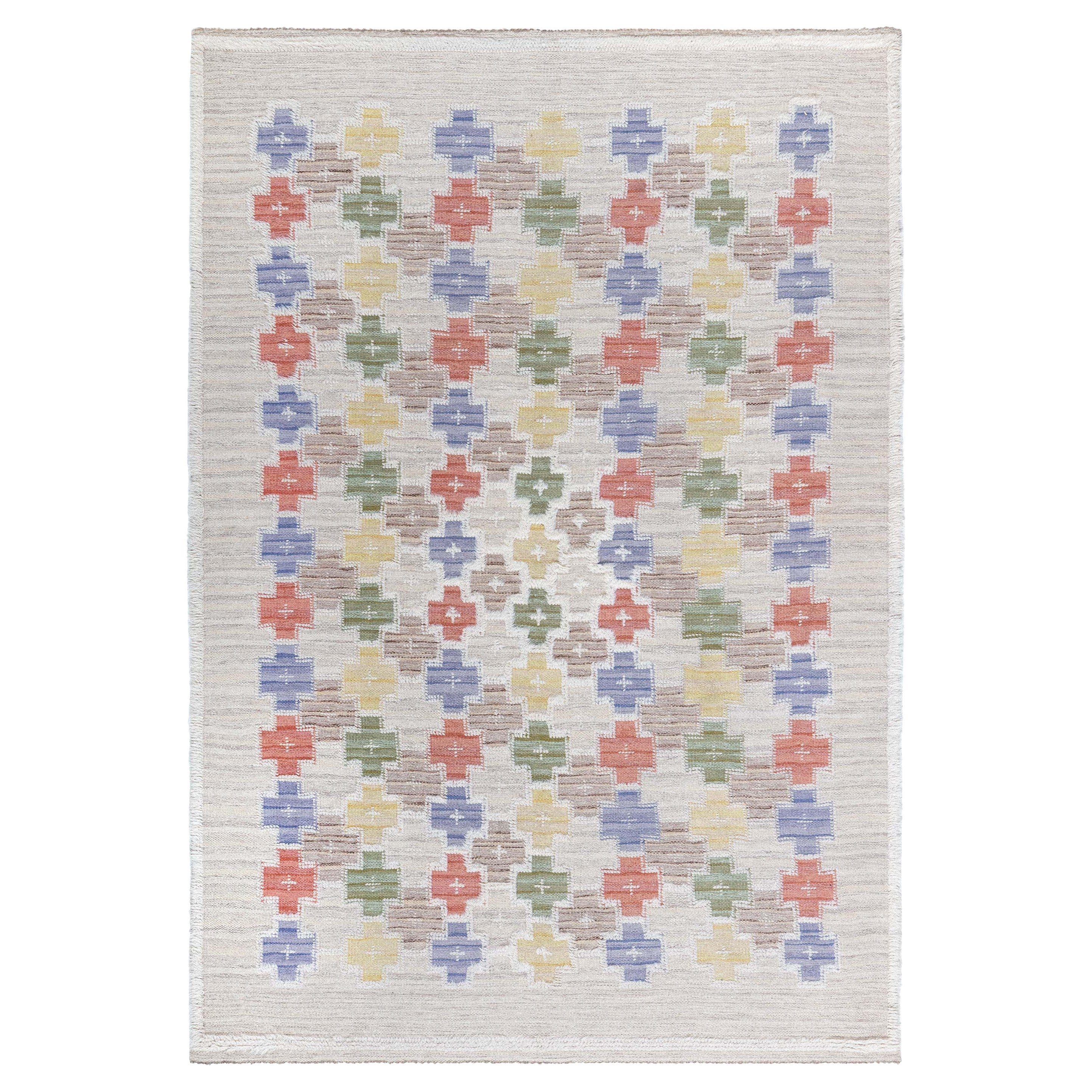 Doris Leslie Blau Vintage Swedish High and Low Rug by Sodra Kalmar Lans Hemslojd For Sale