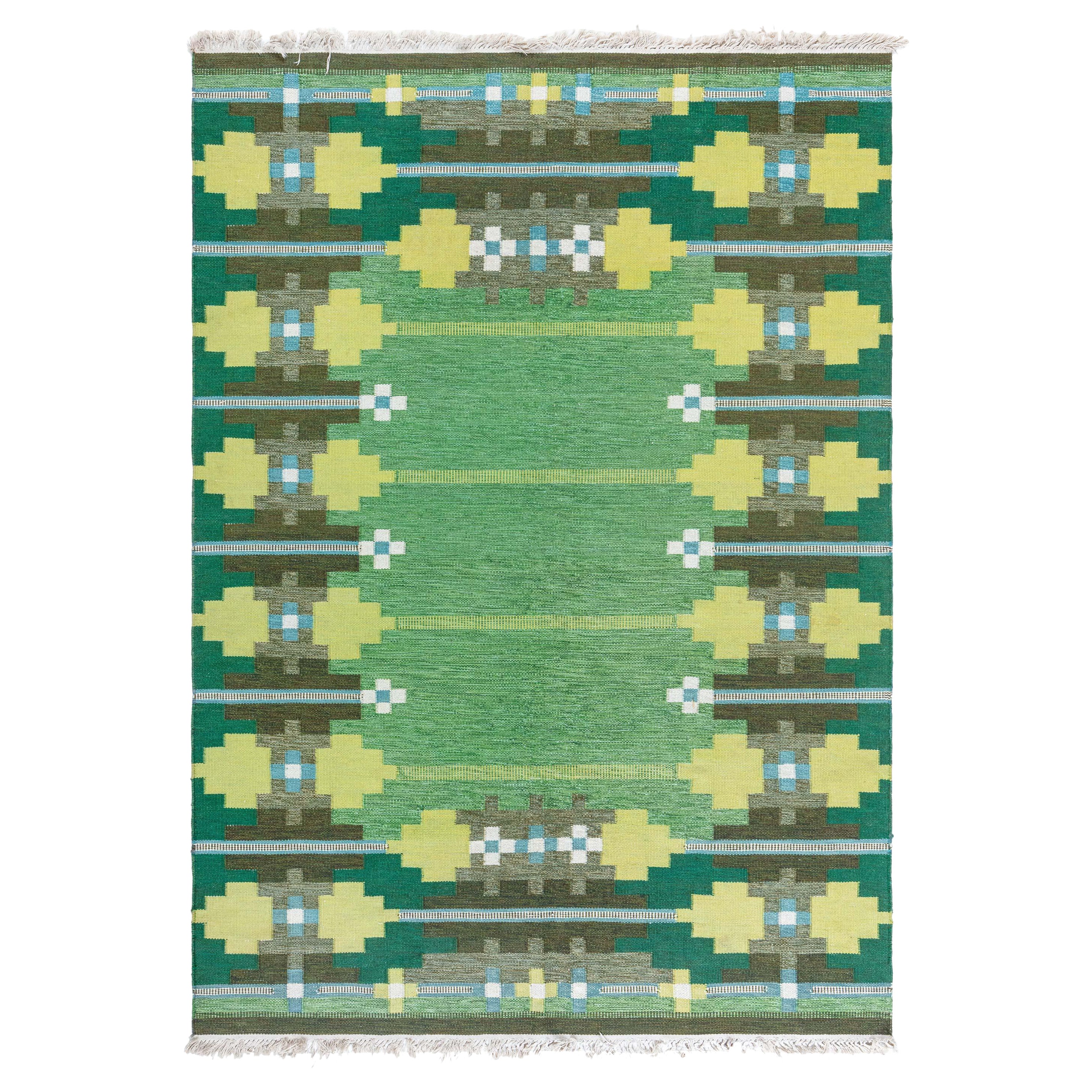 Tapis suédois vintage Doris Leslie Blau en verts luxuriants et motifs géométriques