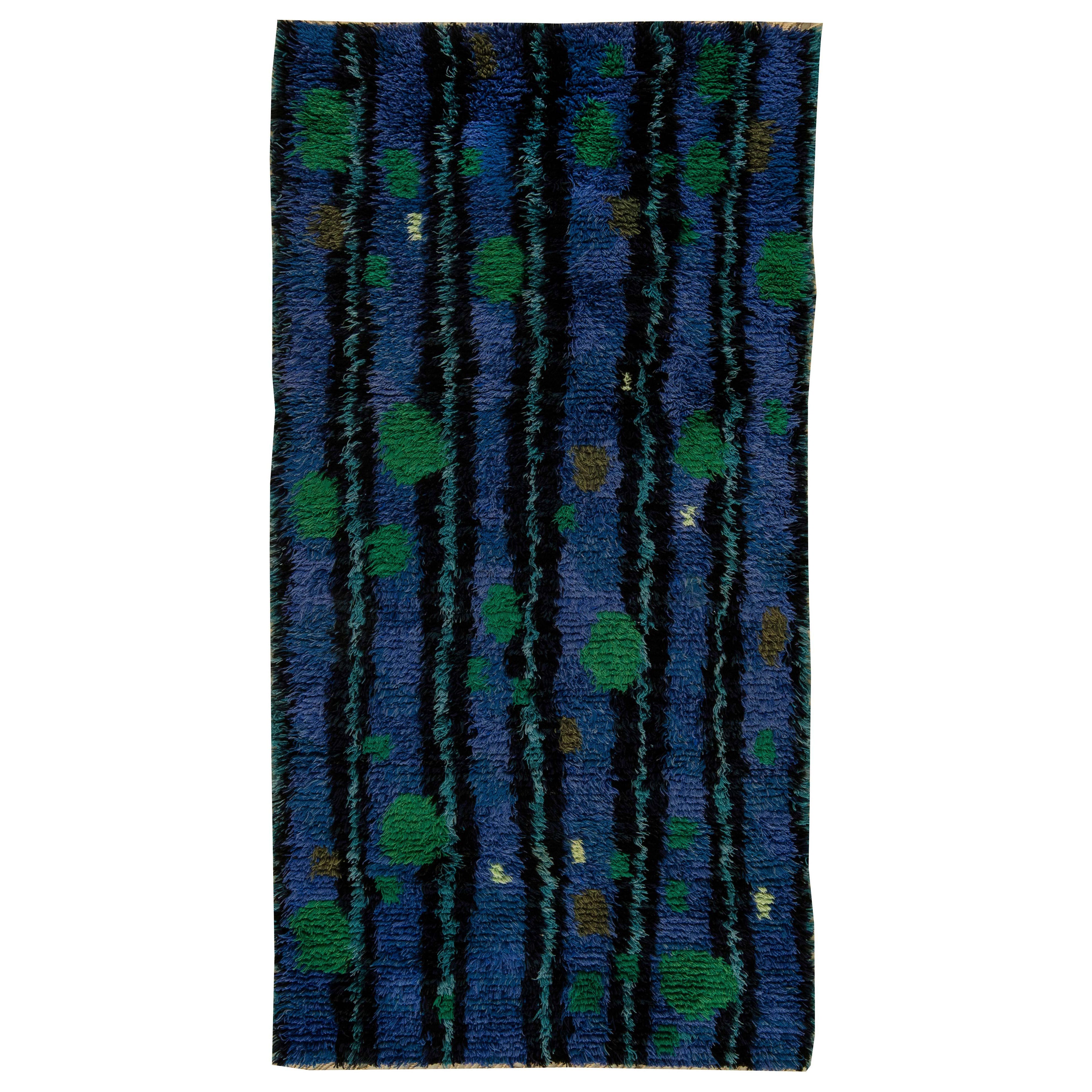 Doris Leslie Blau Vintage Swedish Rya Rug in Blue and Green For Sale