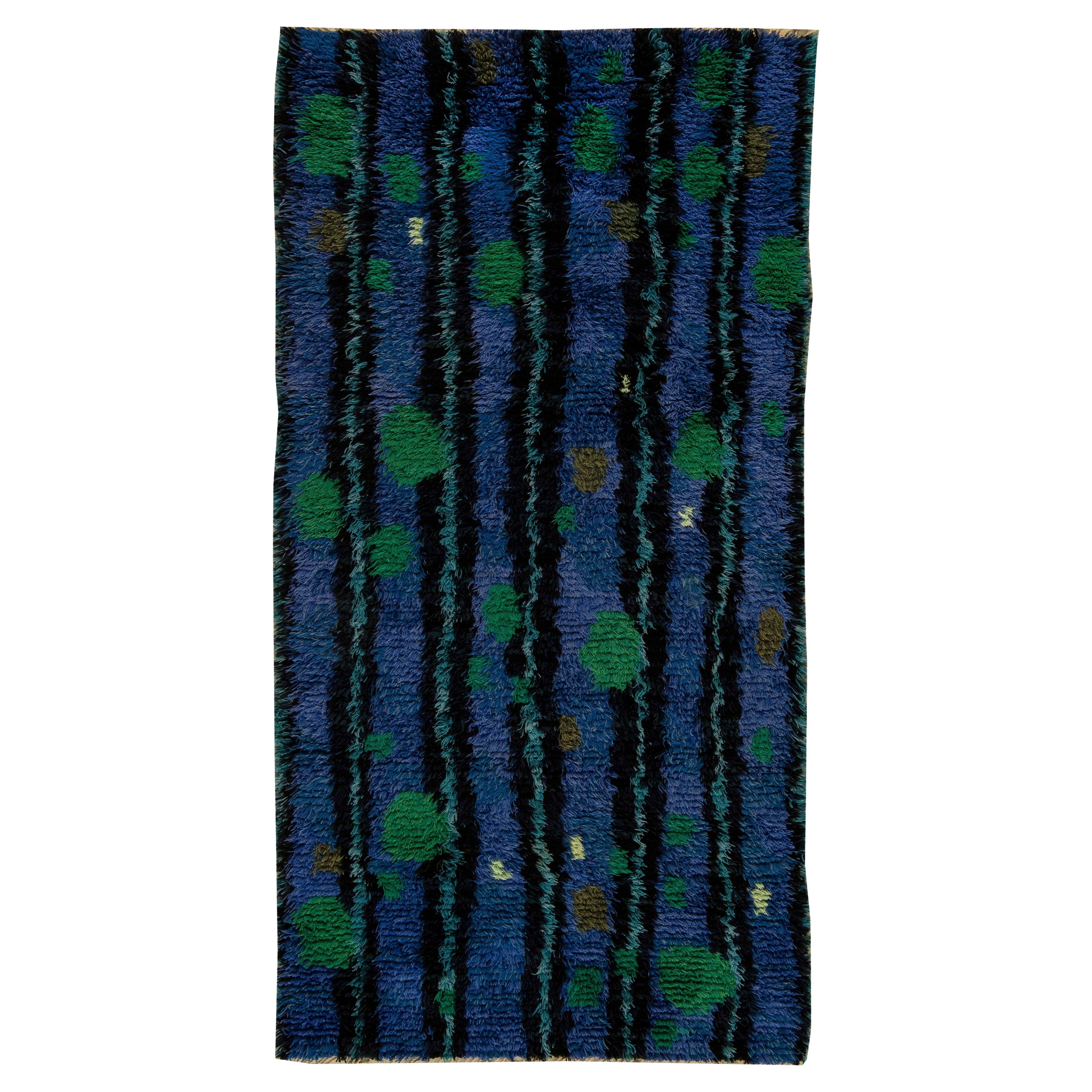 Doris Leslie Blau Vintage Swedish Rya Rug in Blue and Green For Sale
