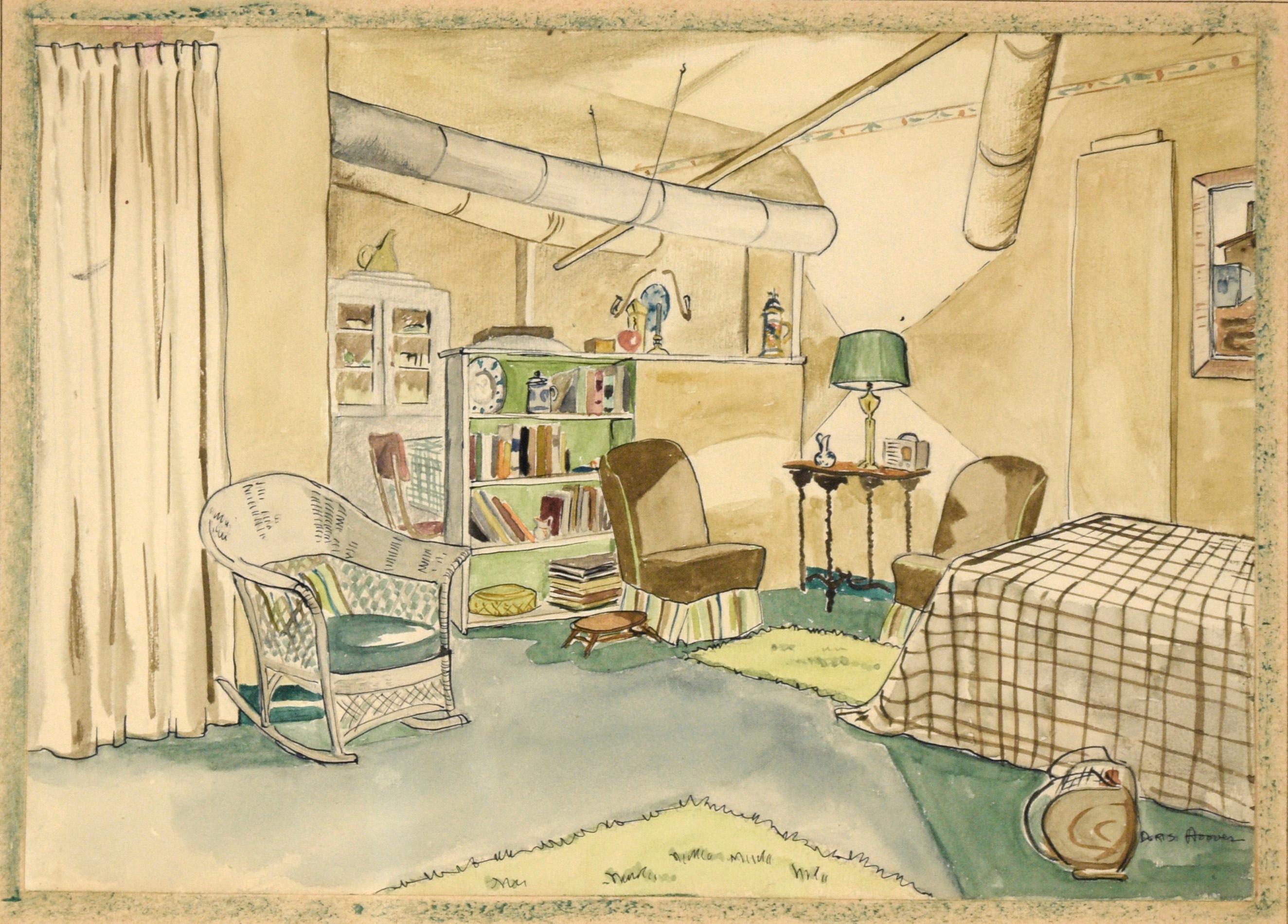 Apartment Interior #2 - Watercolor and Pen on Paper - Painting by Doris Lyons Hoover