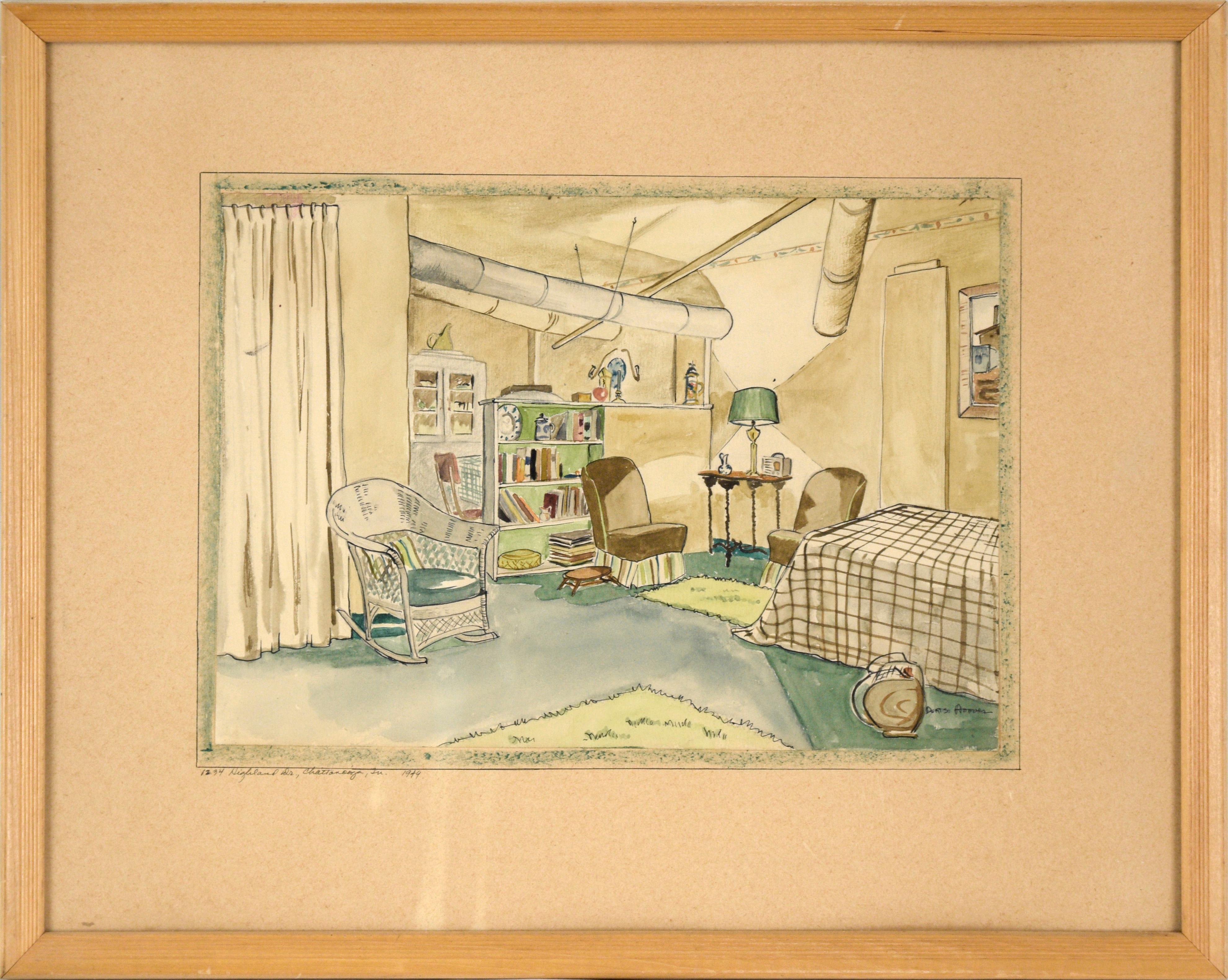 Landscape Painting di Doris Lyons Hoover - Interno dell'appartamento #2 - Acquerello e penna su carta
