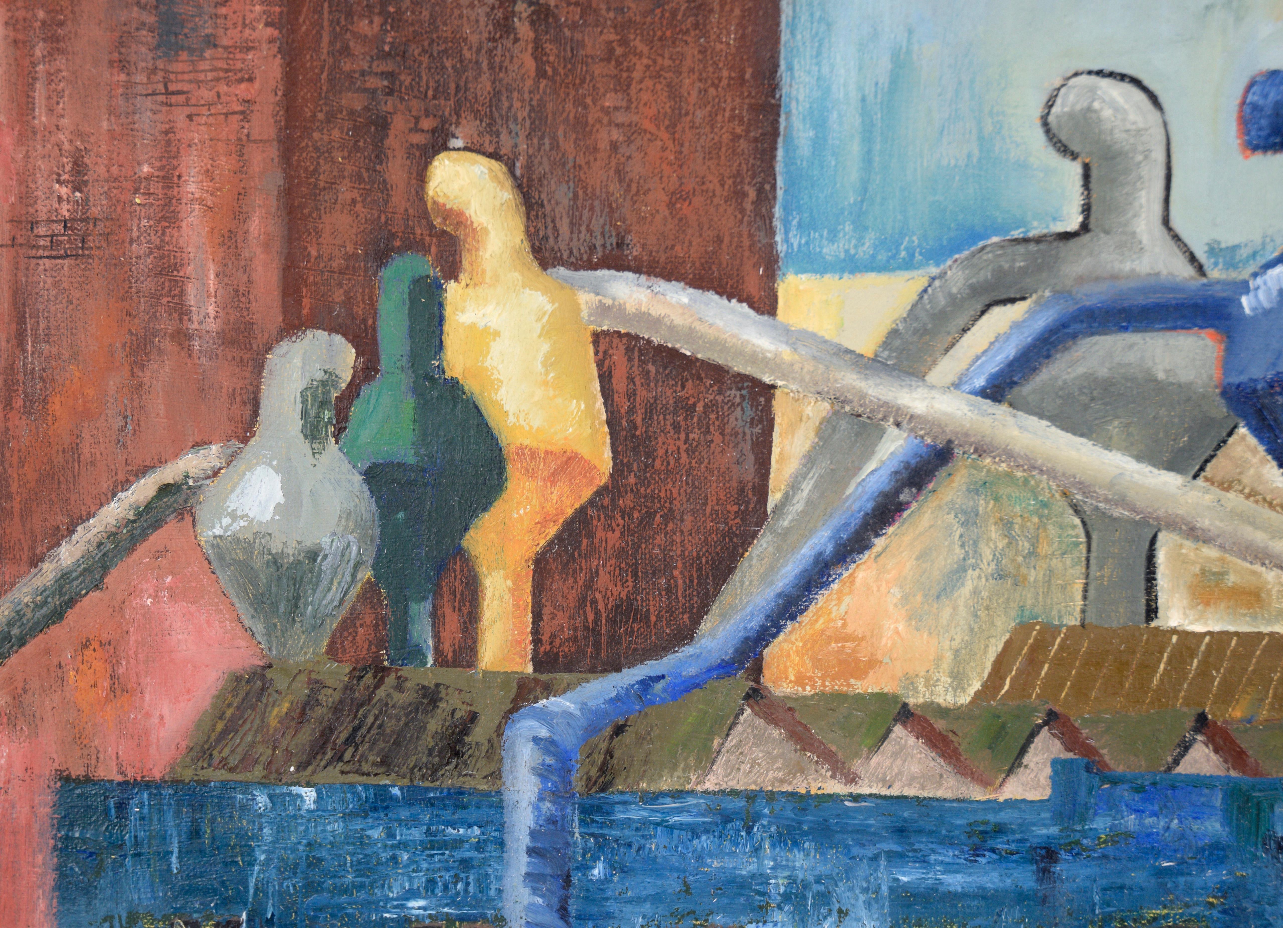 Fábricas - Paisaje industrial en óleo sobre lino - Landscape Painting Gris de Doris Lyons Hoover