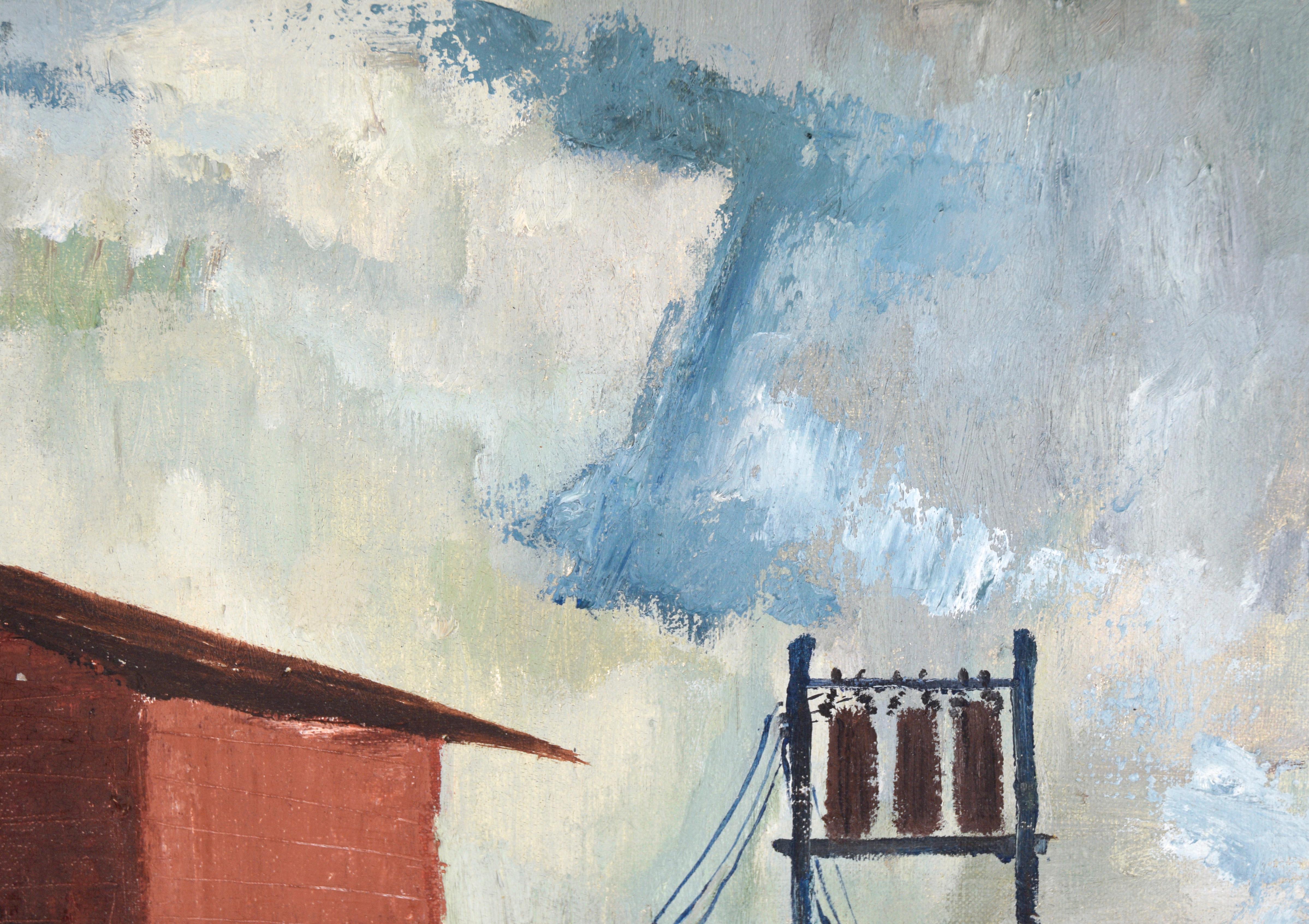 Paysage industriel avec rangées de maisons à l'huile sur lin - Impressionnisme américain Painting par Doris Lyons Hoover