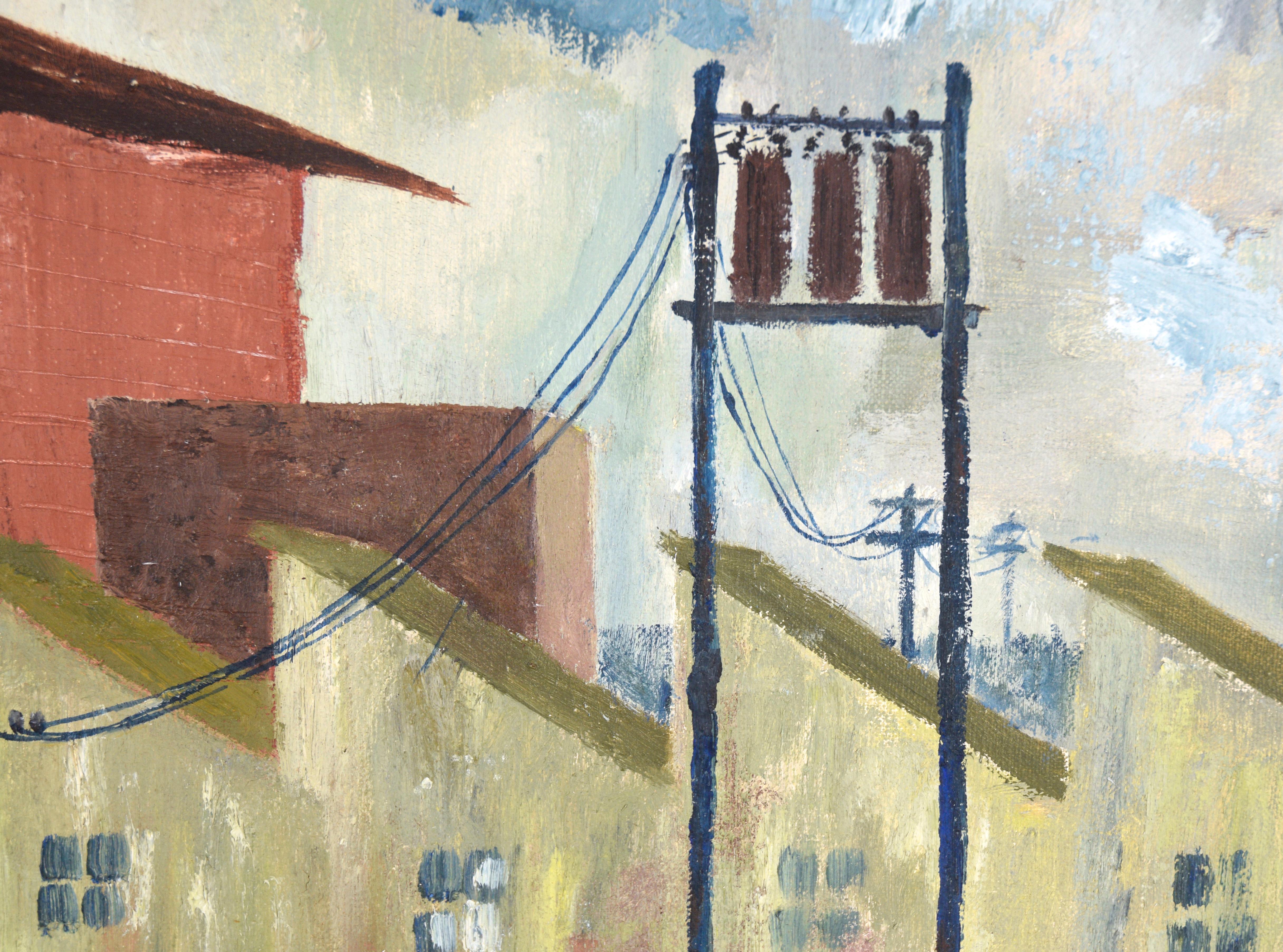 Paysage industriel avec rangées de maisons à l'huile sur lin - Gris Landscape Painting par Doris Lyons Hoover