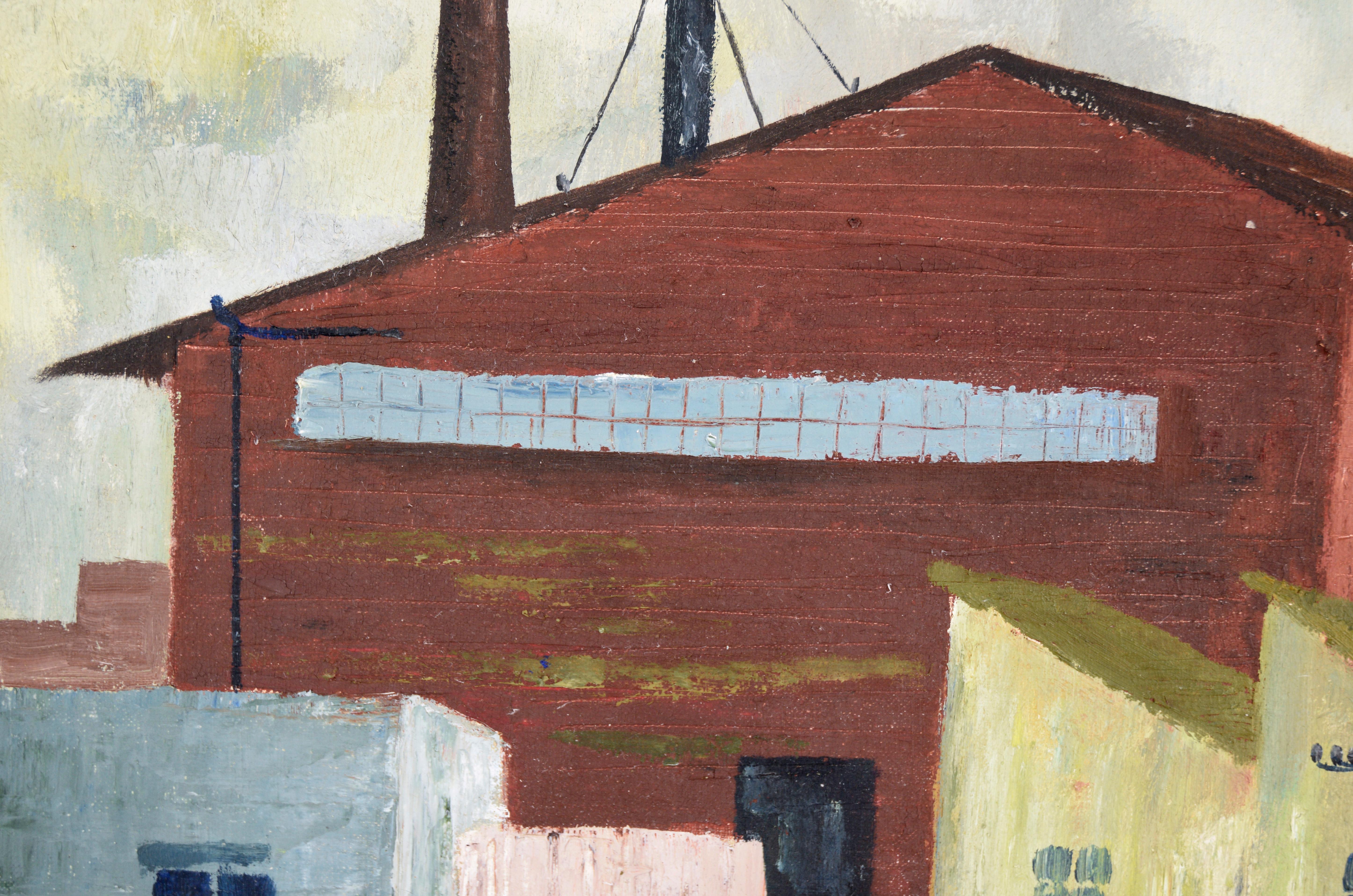 Paysage industriel avec maisons en rangée, huile sur lin

Paysage industriel audacieux de Doris Lyons Hoover (Américaine, 1927-2014). Un grand bâtiment rouge avec des cheminées domine le paysage, se dressant au-dessus des bâtiments environnants. Le