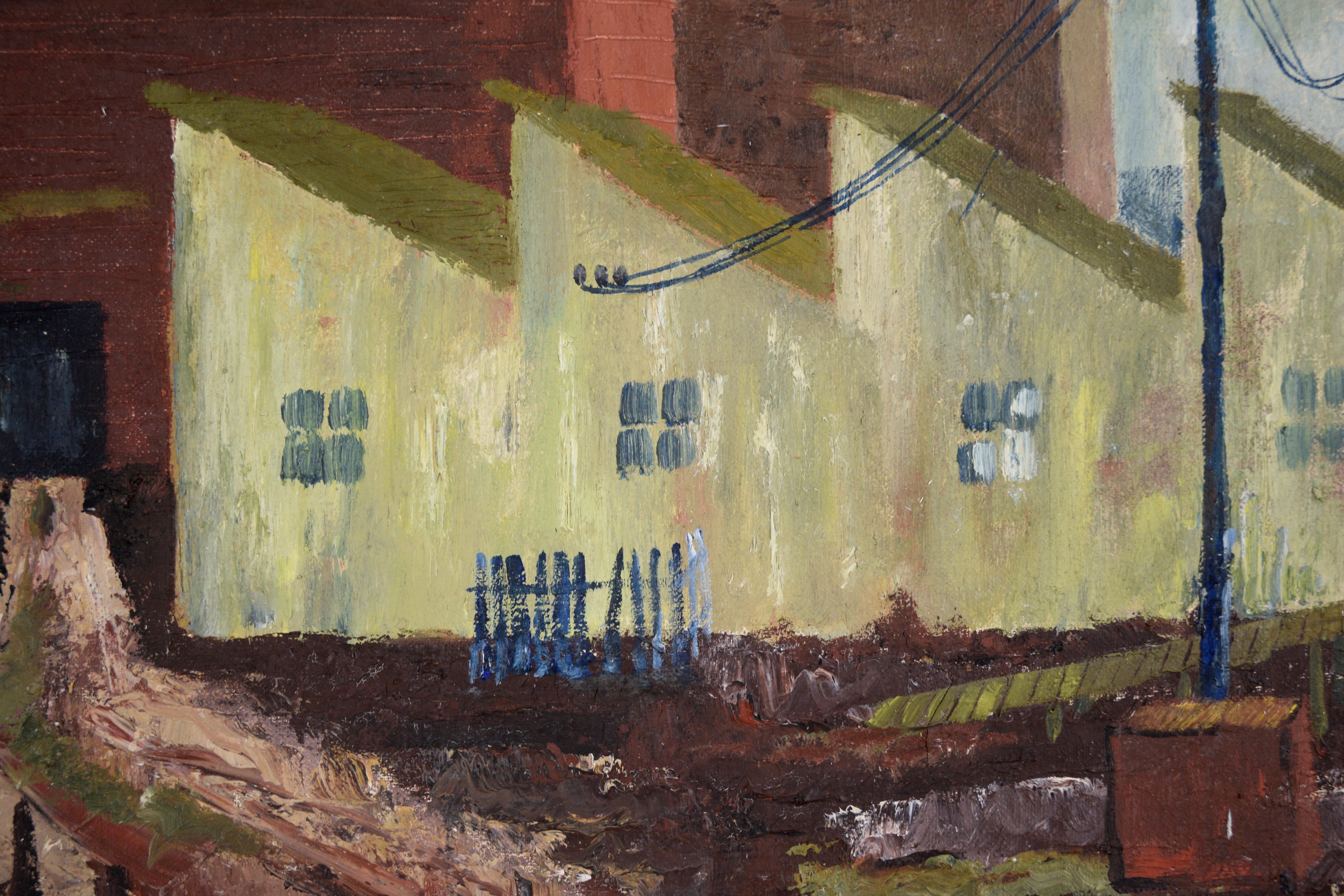 Industrial Landscape with Row Houses in Oil on Linen - Gray Landscape Painting by Doris Lyons Hoover