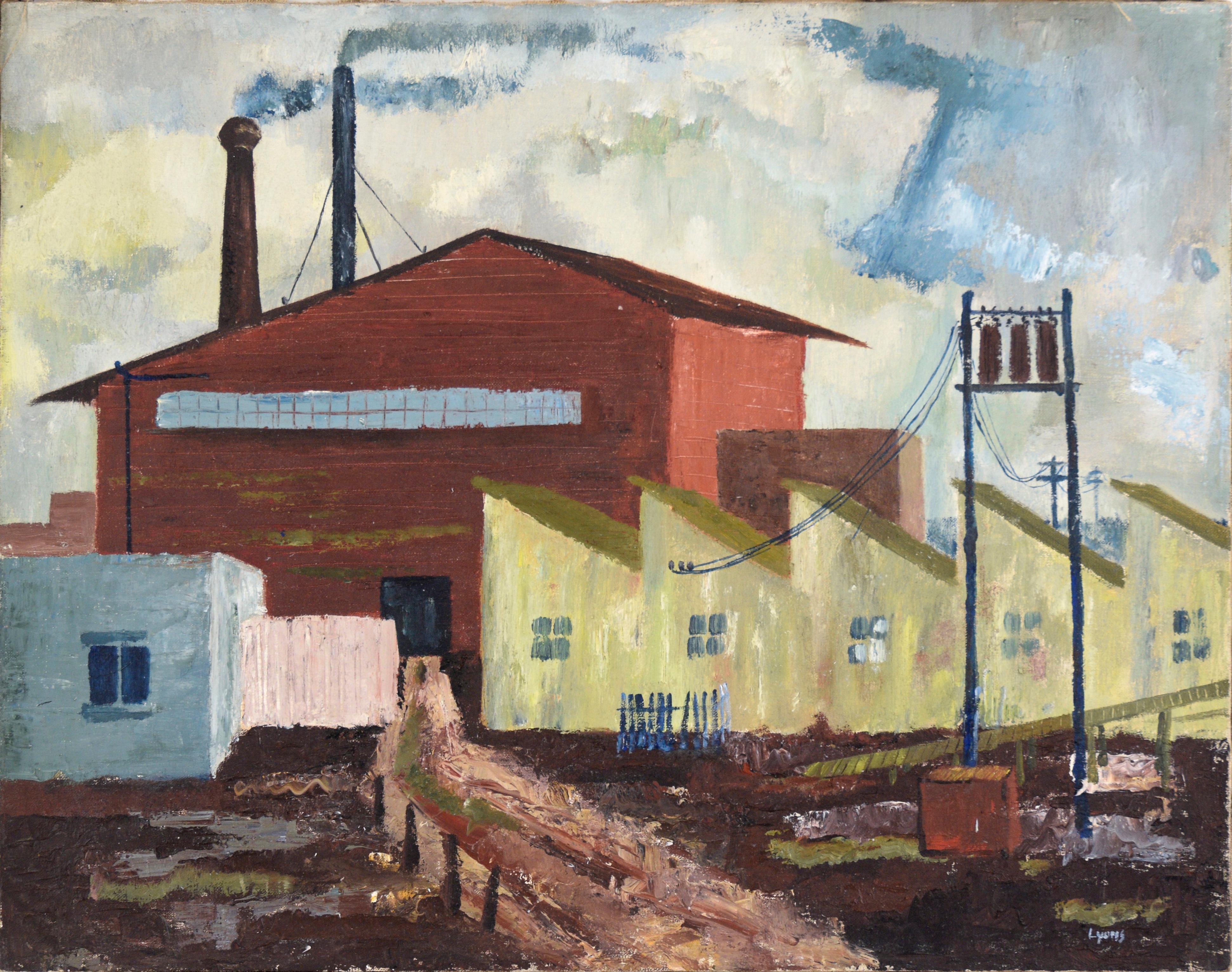 Doris Lyons Hoover Landscape Painting - Industrial Landscape with Row Houses in Oil on Linen
