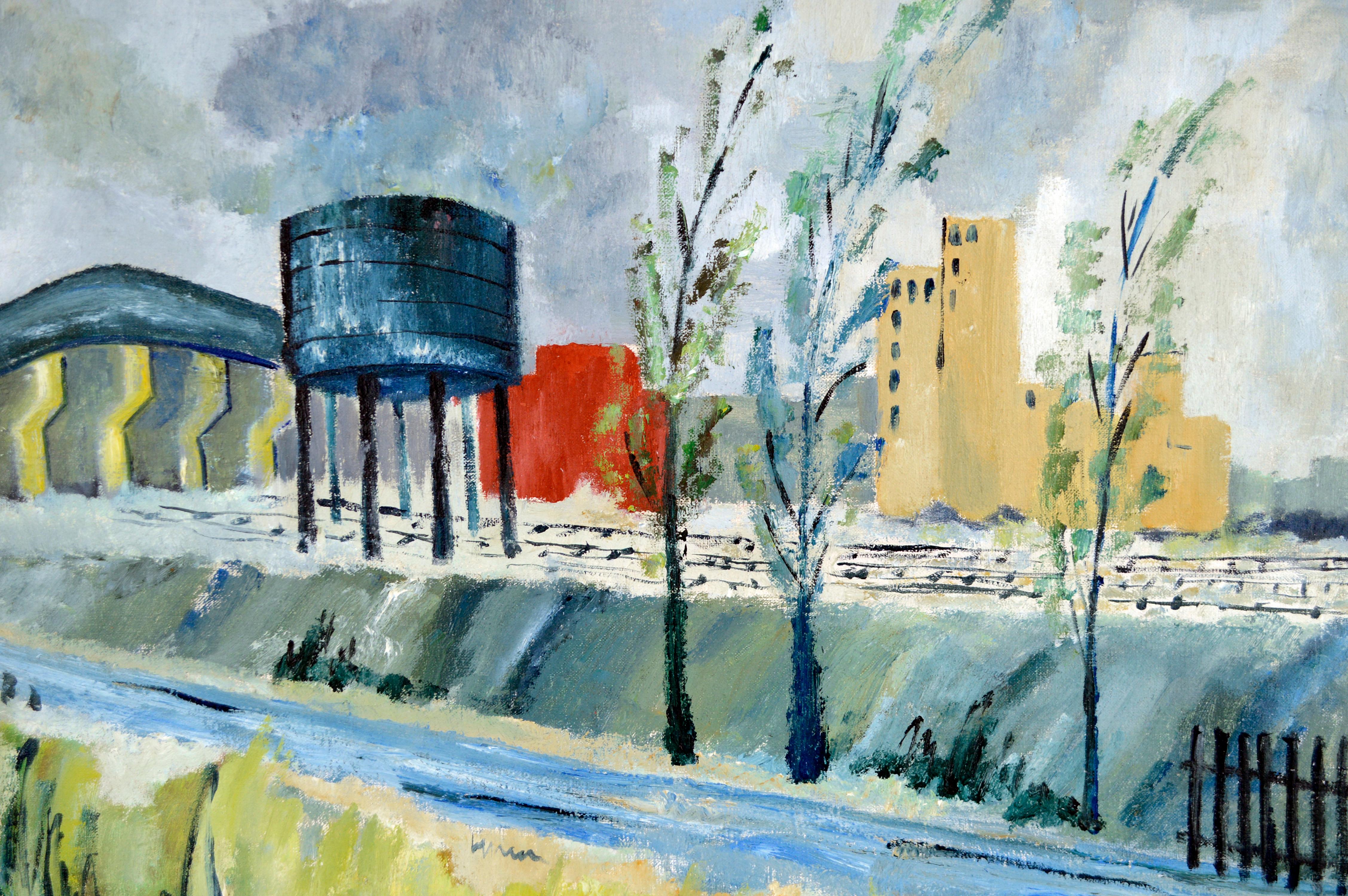 Industrial Landscape with Trees in Oil on Linen - Painting by Doris Lyons Hoover