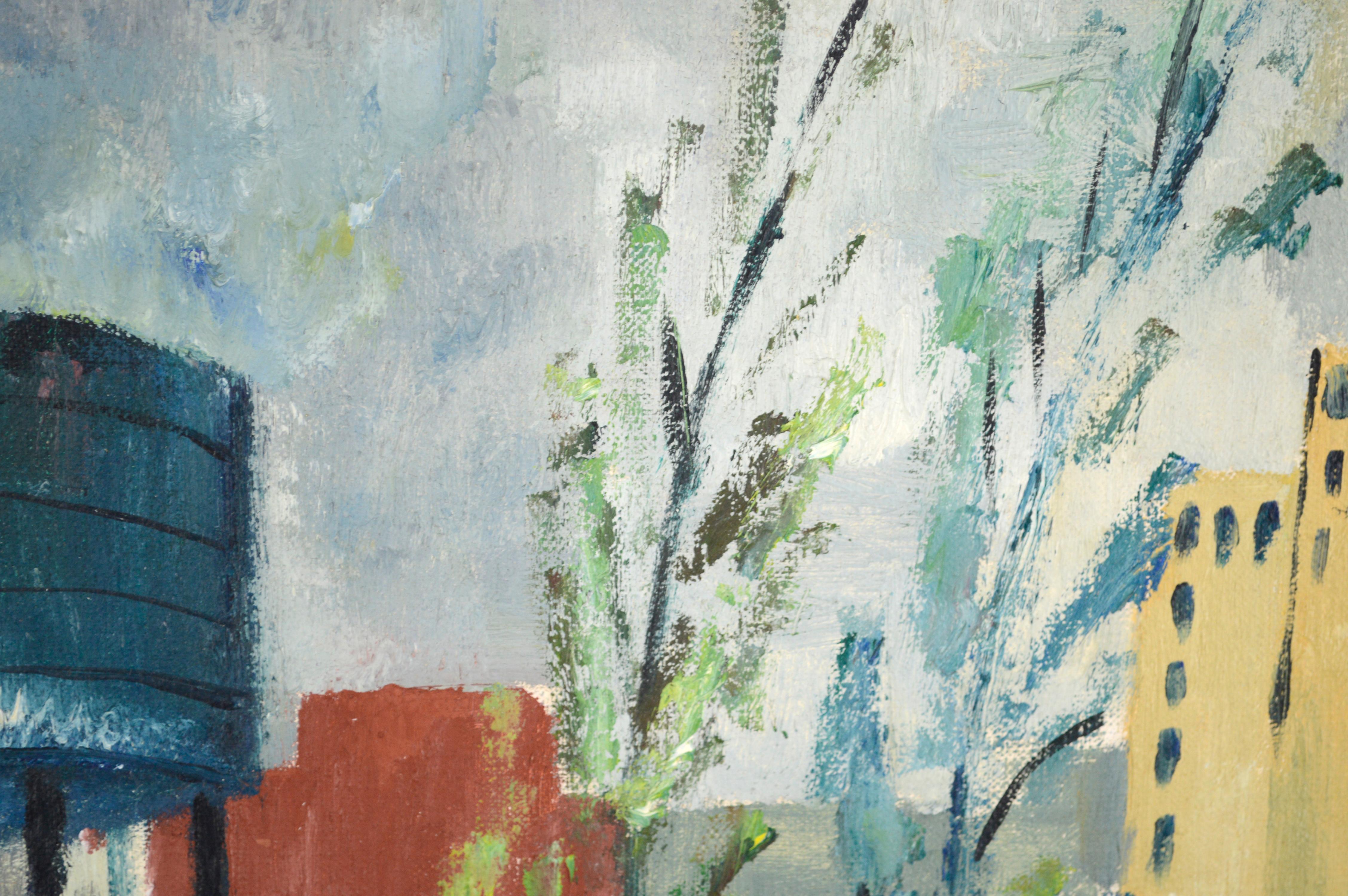 Paysage industriel avec arbres à l'huile sur lin

Paysage industriel audacieux de Doris Lyons Hoover (Américaine, 1927-2014). Un grand bâtiment rouge avec un réservoir d'eau et des silos au-dessus d'une route bordée d'arbres domine le paysage. Le