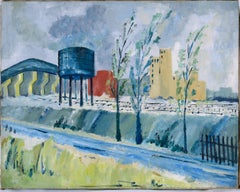 Vintage Industrial Landscape with Trees in Oil on Linen