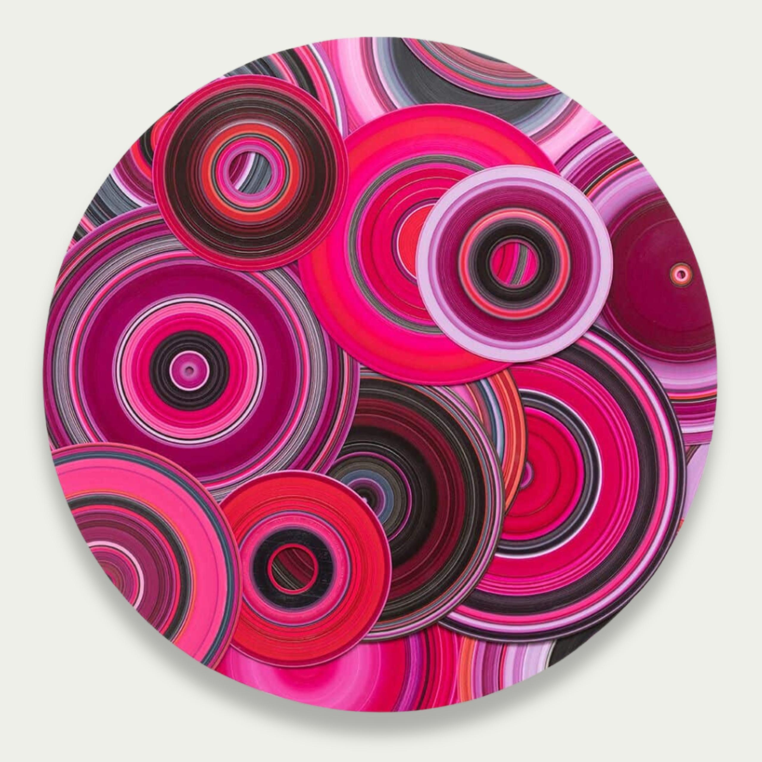 Assemblage No.03 by Doris Marten - Abstract painting on vinyl, vivid pink, tondo For Sale 4