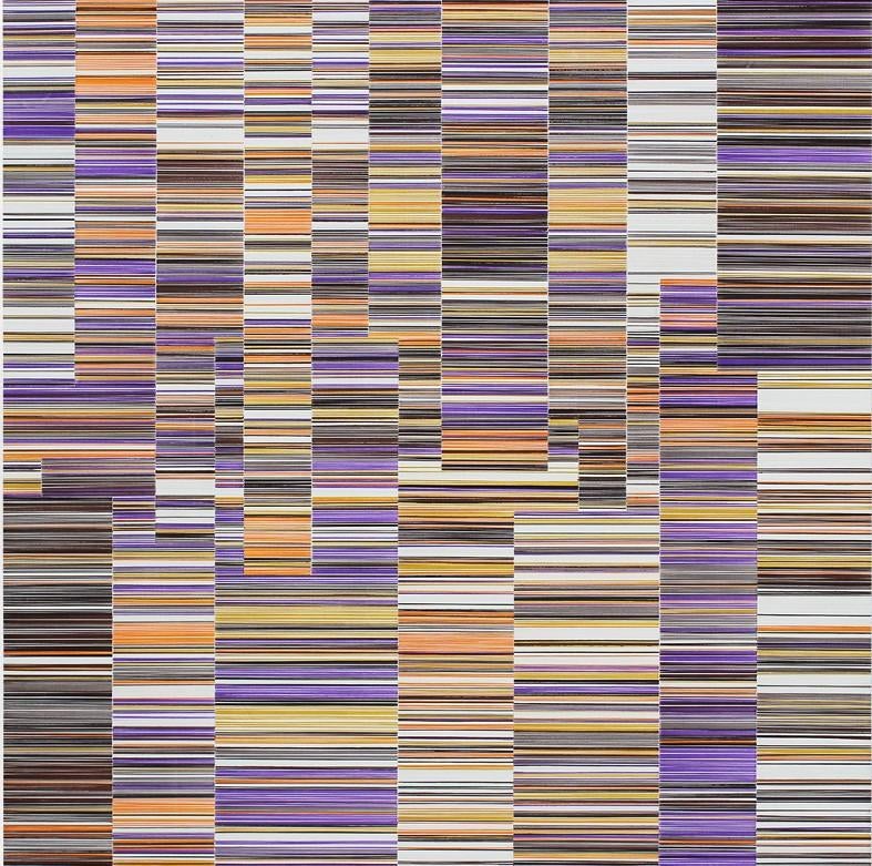 Encre de Chine sur Alu-Dibond, 45 cm × 45 cm.
La série Layers se situe entre l'image bidimensionnelle et l'objet tridimensionnel. L'artiste s'interroge sur l'idée d'illusion dans les lignes de peinture. Une palette limitée à sept couleurs est