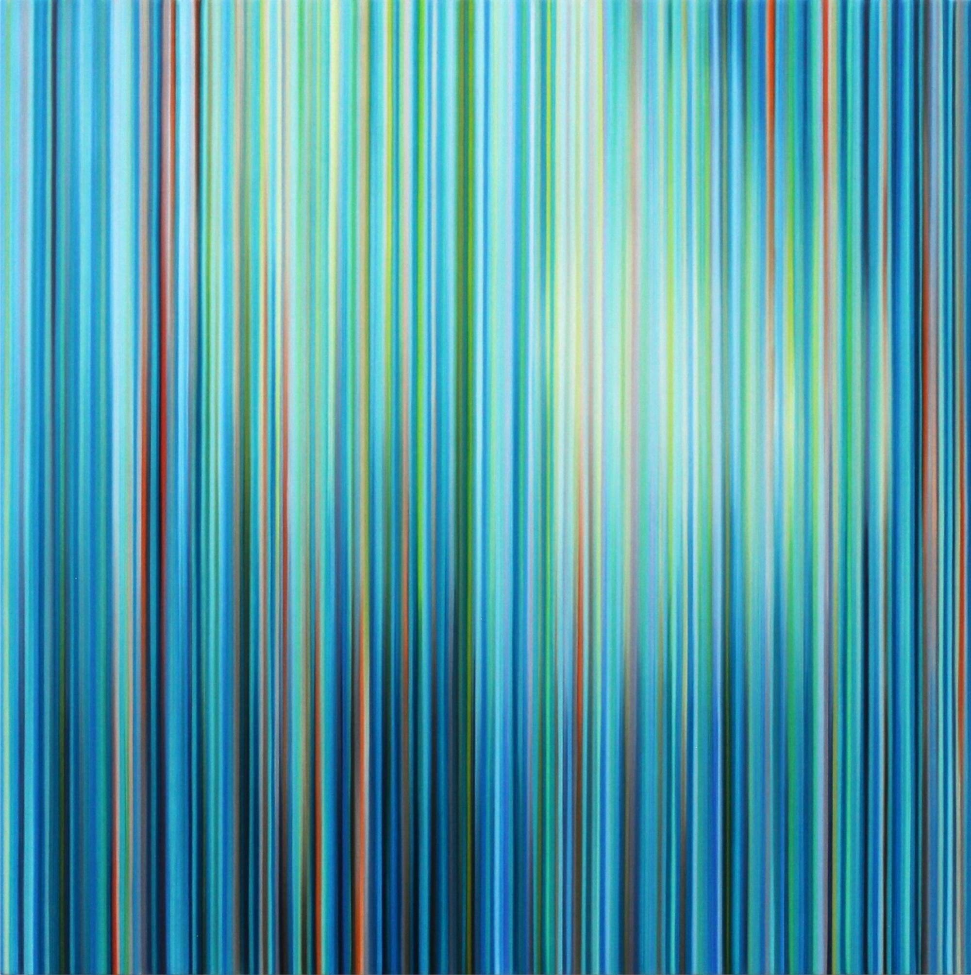 Light’n’Lines No.26 is an abstract painting by contemporary German artist Doris Marten, featuring a striking composition of vertical lines in vibrant hues of turquoise, teal, and sky-blue, interspersed with subtle accents of yellow-green and warm