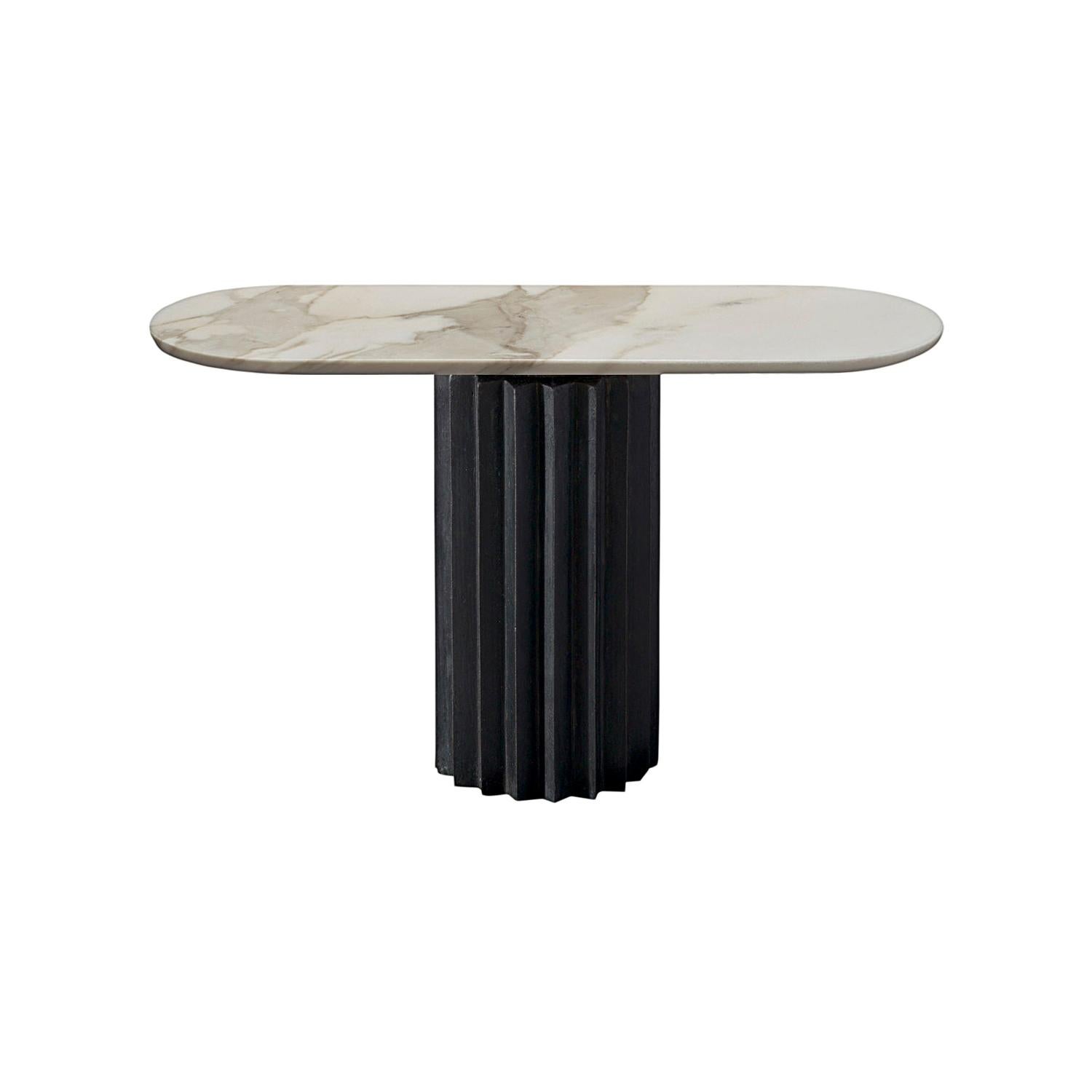 Doris Oval Pedestal Console Table in Gold Calacatta and Cast Blackened Bronze For Sale