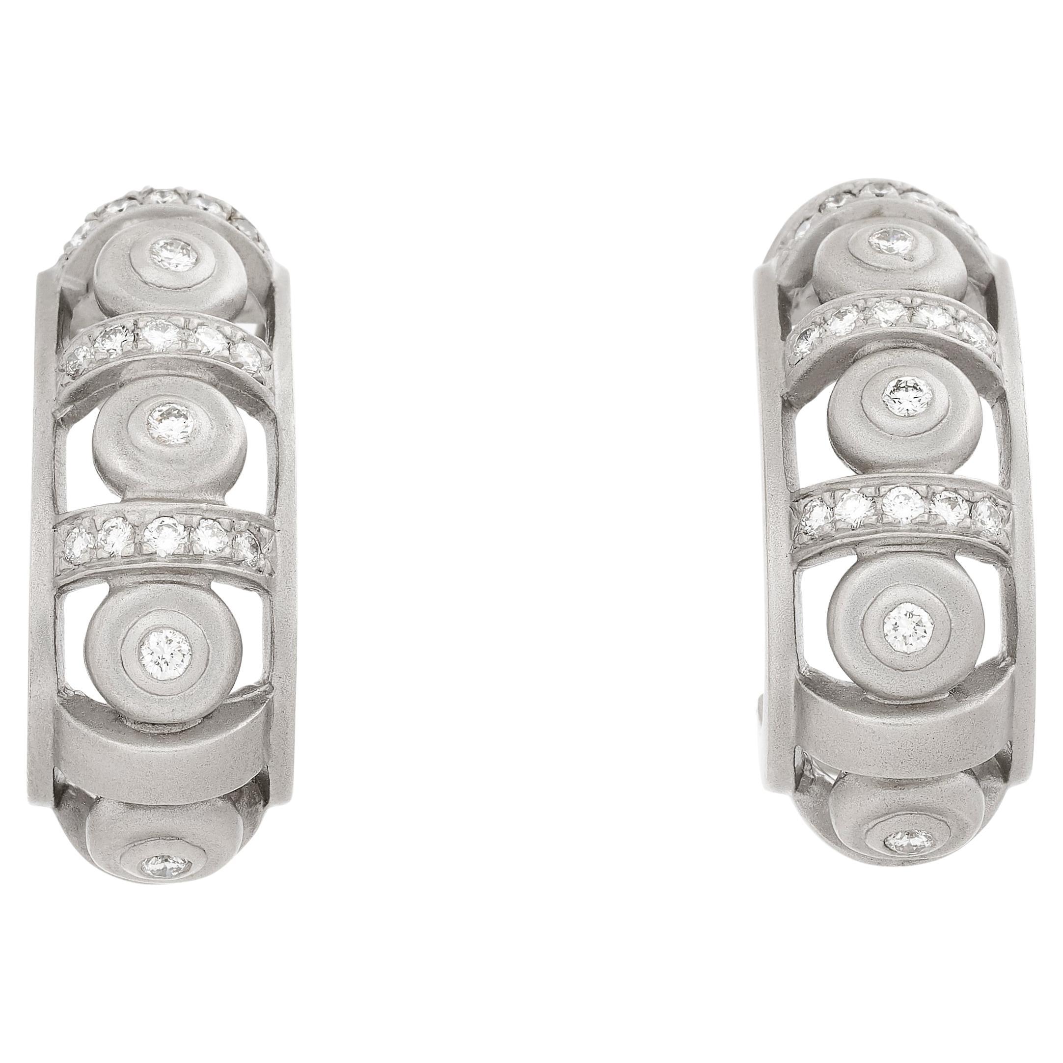 Doris Panos 18-karat White Gold Diamond Spaced Cut Out 1/2 Hoop Satin Earrings For Sale