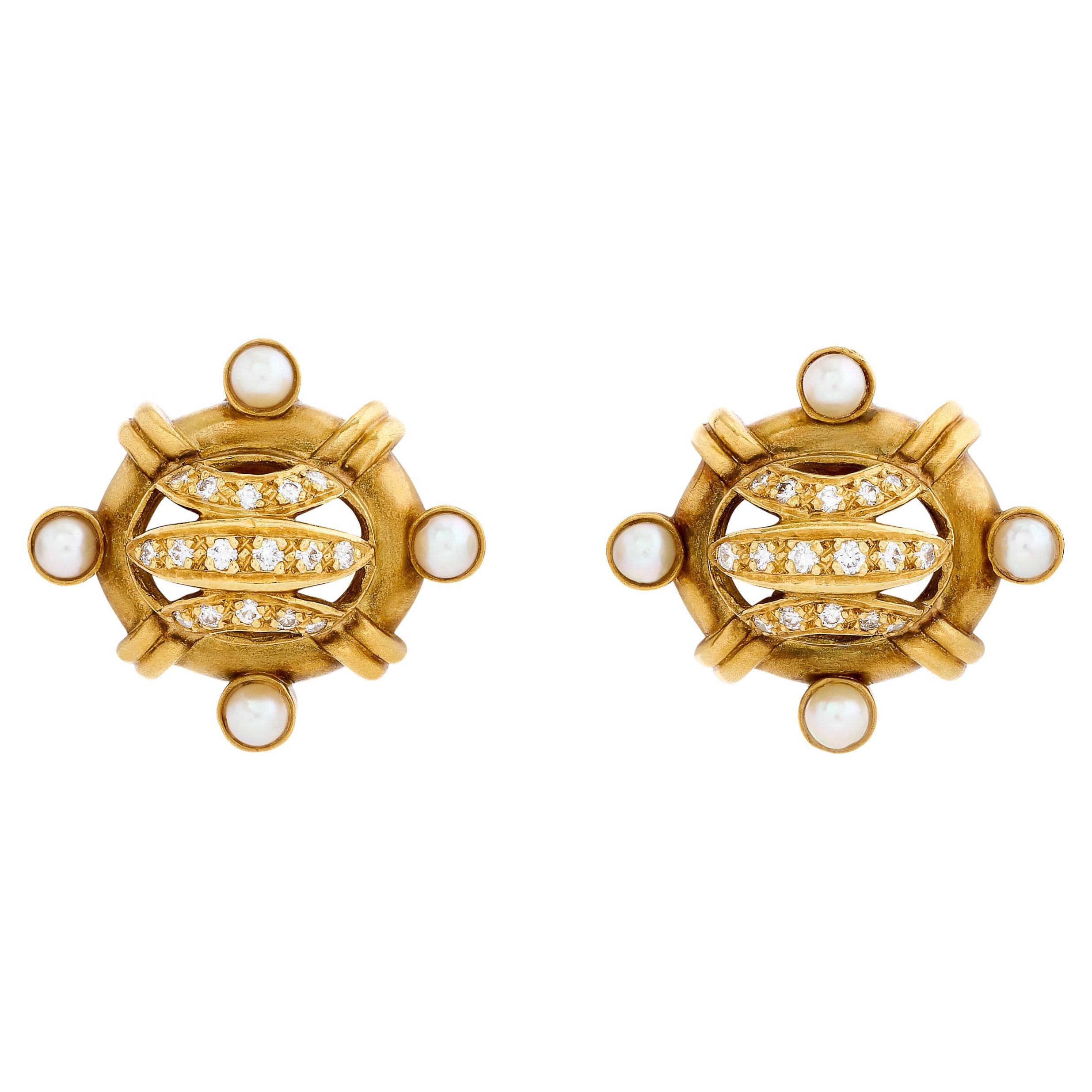 Doris Panos 18-karat Yellow Gold Diamond and Pearl Earrings For Sale