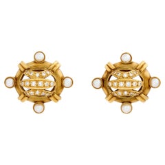 Vintage Doris Panos 18-karat Yellow Gold Diamond and Pearl Earrings