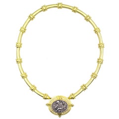 Vintage Doris Panos 18 Karat Yellow Gold Cameo Diamond Pin Necklace