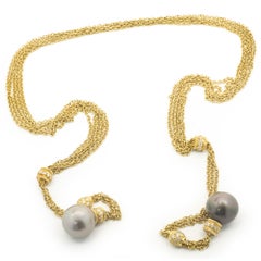 Doris Panos Collier lariat cravate en or jaune 18 carats avec perles de Tahiti et diamants