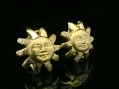 Doris Panos 18k Yellow Gold 0.12ctw Round Pave Diamond Sun Face Omega Earrings