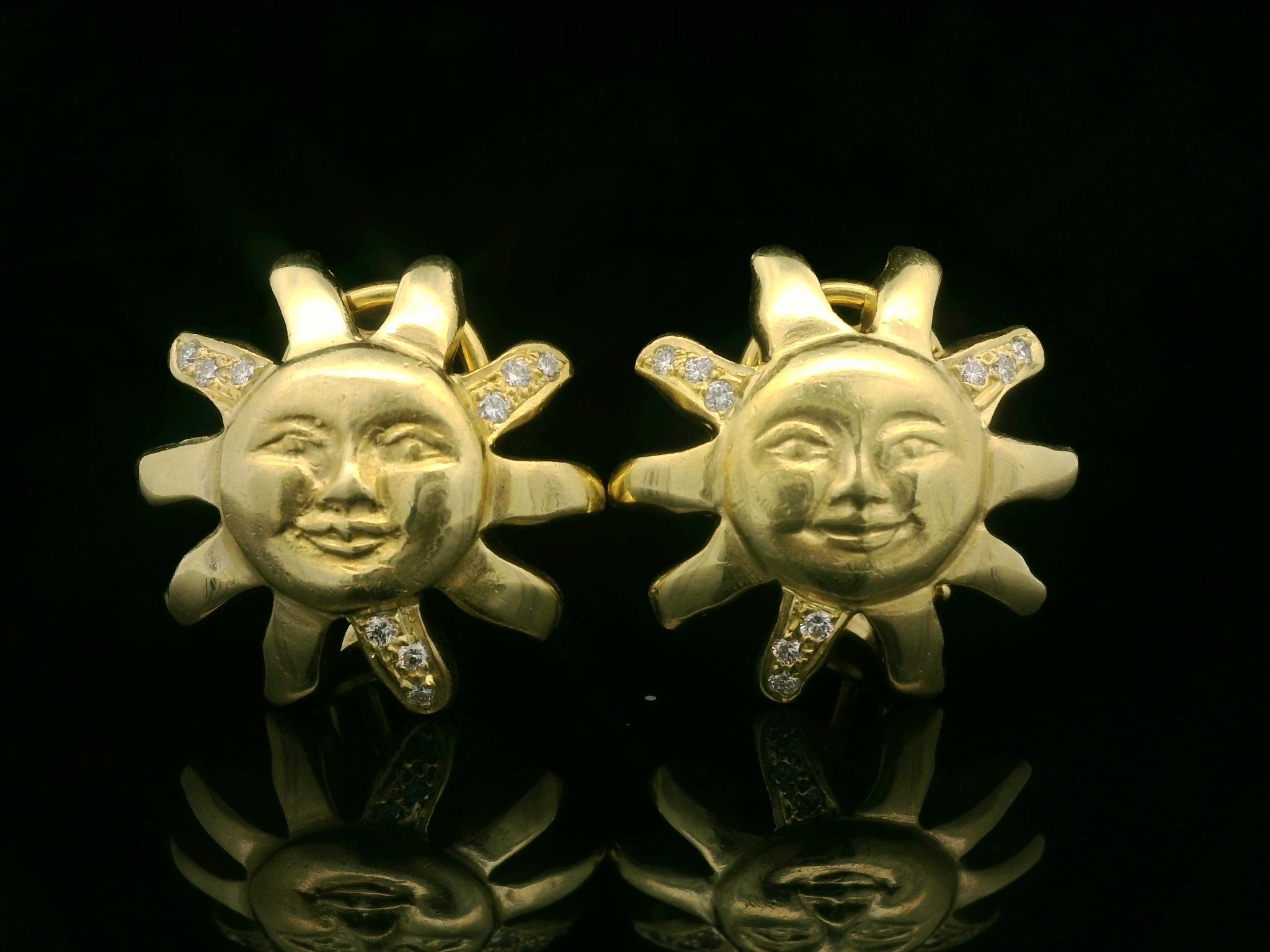 Doris Panos 18k Yellow Gold 0.12ctw Round Pave Diamond Sun Face Omega Earrings For Sale 1