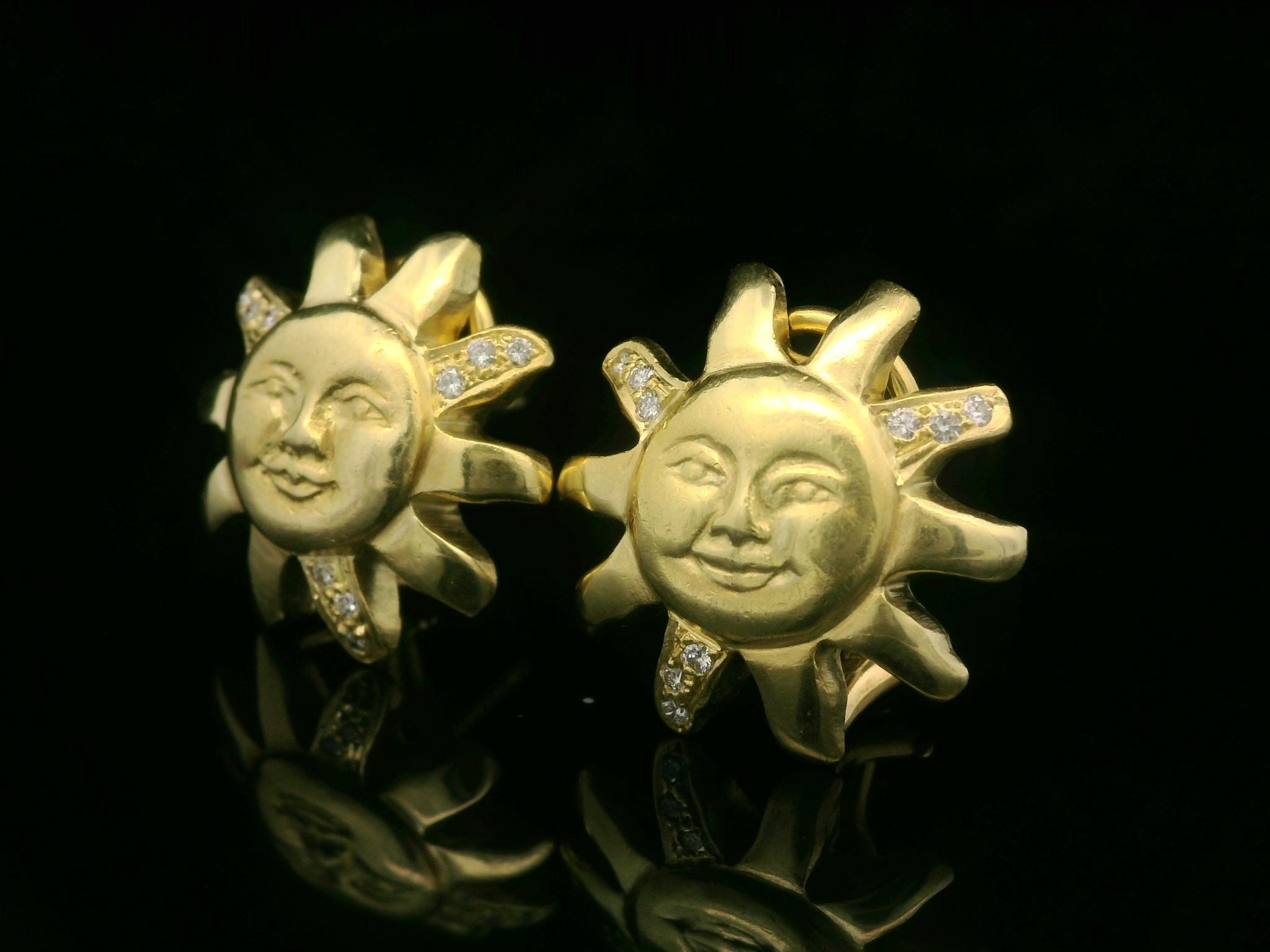 Doris Panos 18k Yellow Gold 0.12ctw Round Pave Diamond Sun Face Omega Earrings For Sale 2