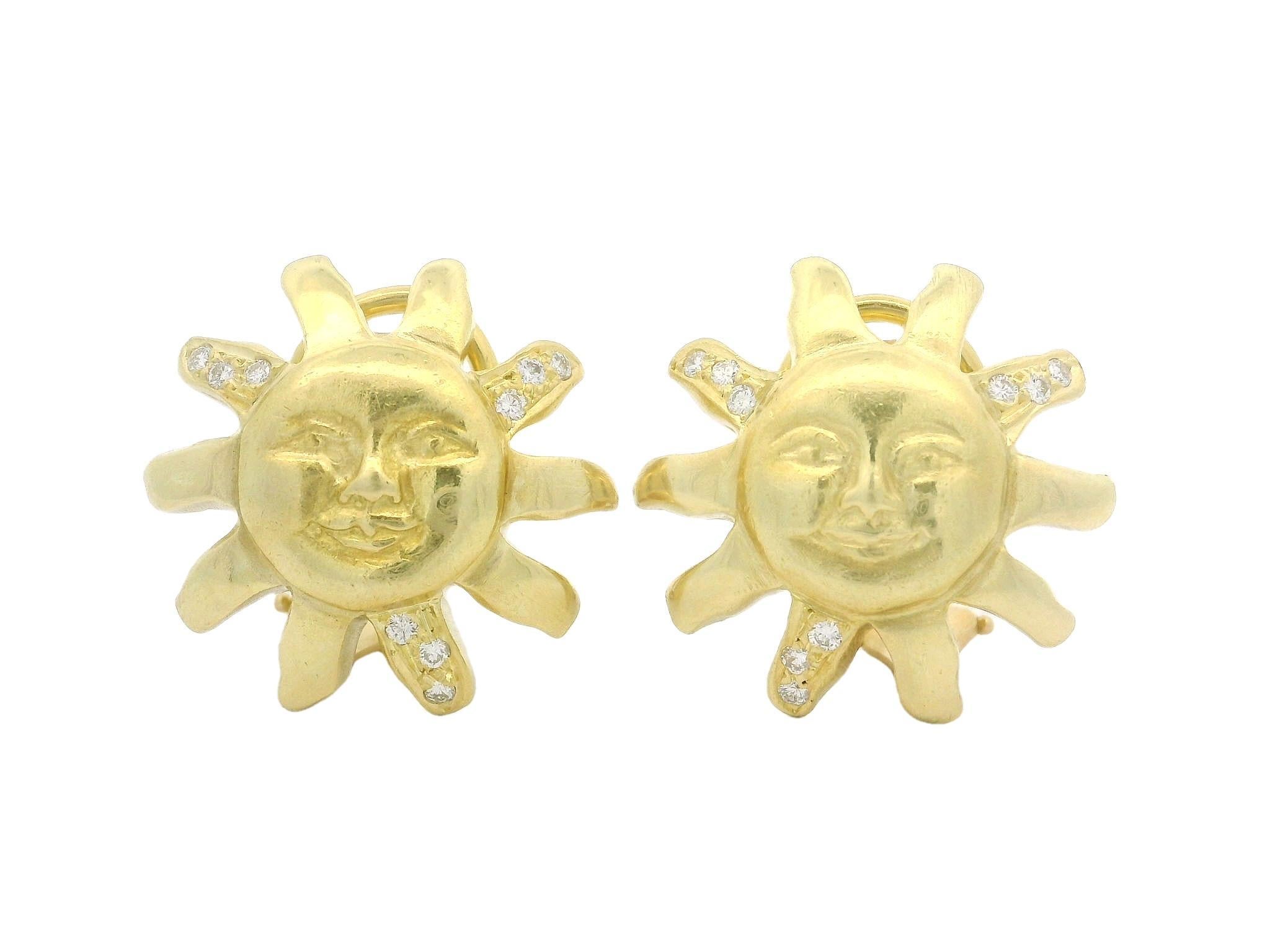 Doris Panos 18k Yellow Gold 0.12ctw Round Pave Diamond Sun Face Omega Earrings For Sale 3