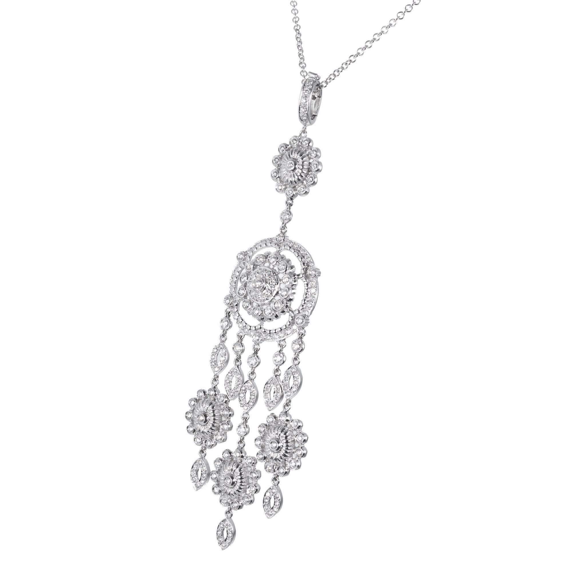 Doris Panos diva Anastasia chandelier drop pendant necklace with 3.6 carats of round diamonds. 18k white gold chain. 

172 round brilliant cut diamonds G, VS, approx. 3.60cts
18k white gold
Stamped: 18k 
Hallmark: DP C200
28.1 grams
Top to bottom: 4