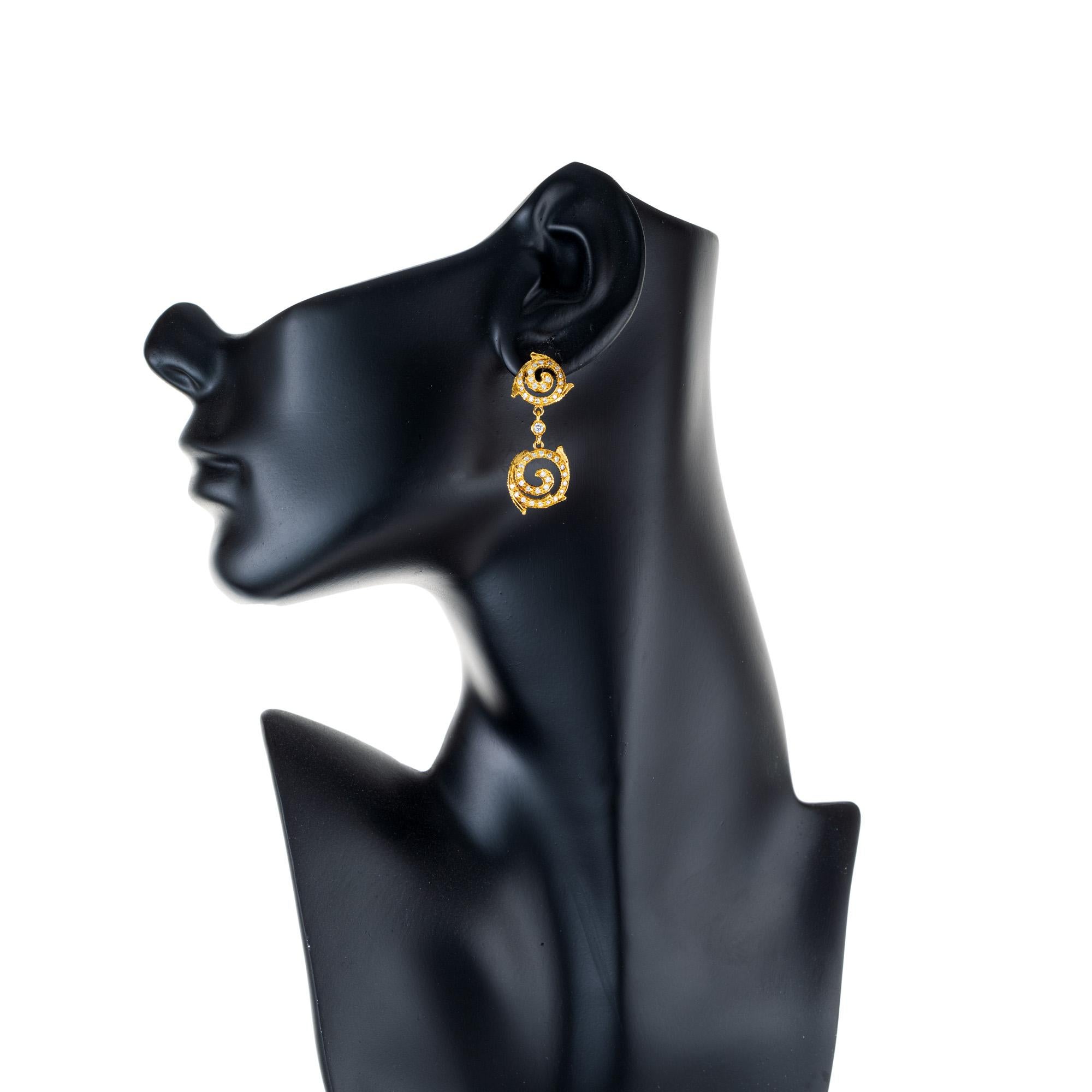 Round Cut Doris Panos .90 Carat Pave Diamond Gold Swirl Dangle Earrings For Sale