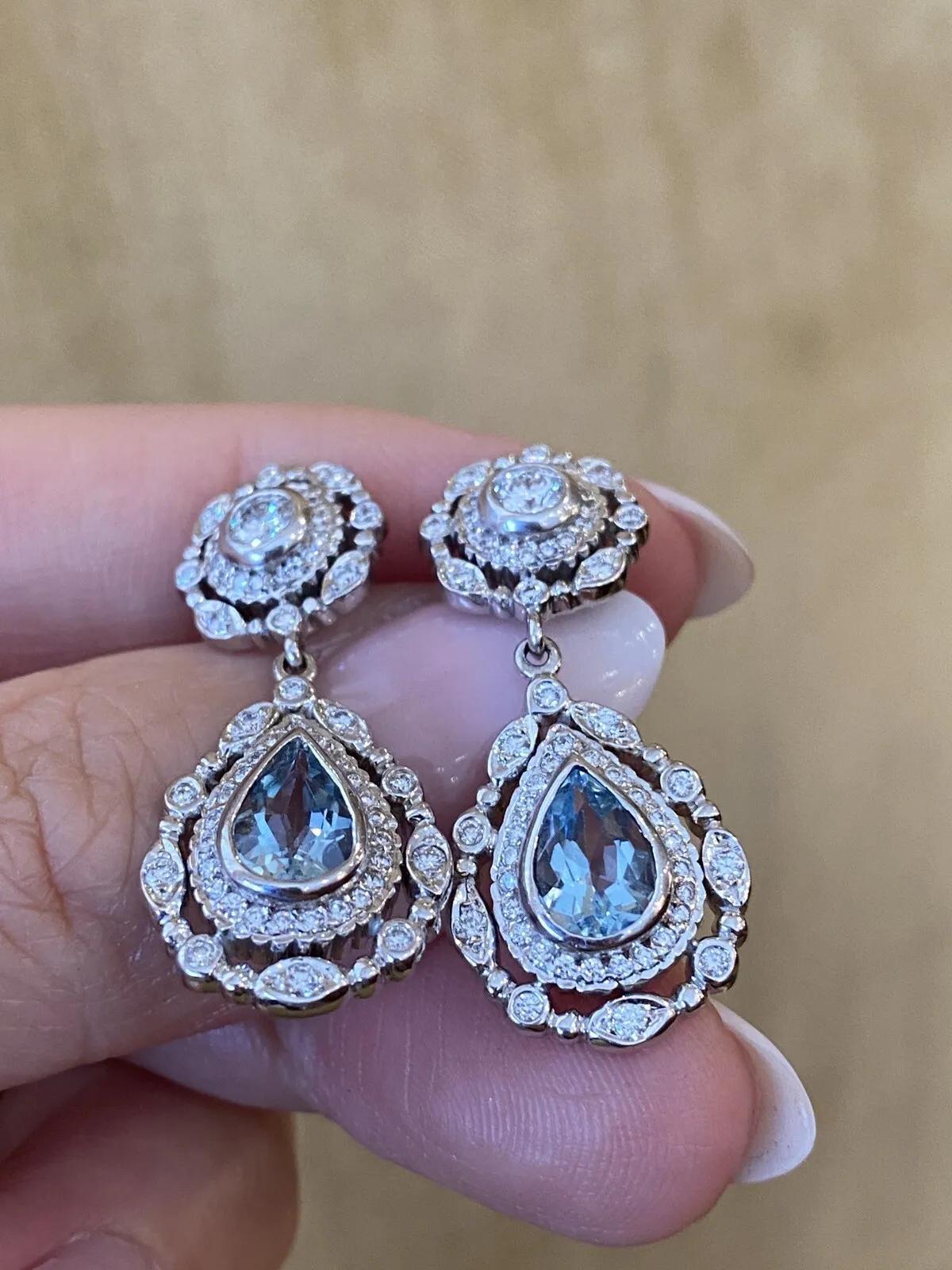 Pear Cut Doris Panos Aquamarine and Diamond Drop Earrings in 18k White Gold For Sale