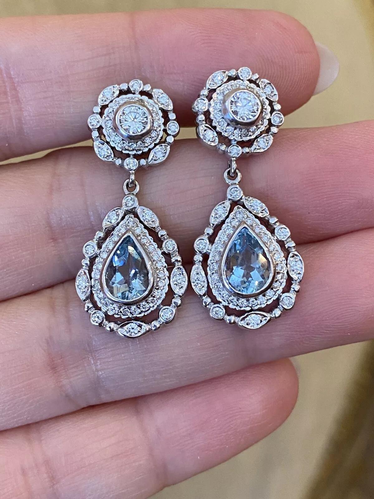 Doris Panos Aquamarine and Diamond Drop Earrings in 18k White Gold For Sale 3