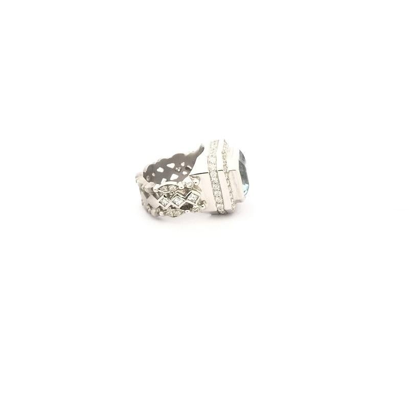 Doris Panos Aquamarine and Diamond Ring in 18k White Gold 
Aquamarine 4.9 carat total weight 
Diamonds 1.05 carat total weight 
Ring Size 6
RHM