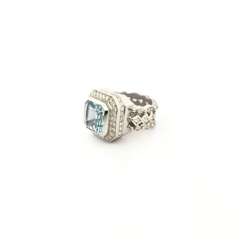 Princess Cut Doris Panos Aquamarine and Diamond Ladies Ring RHM For Sale