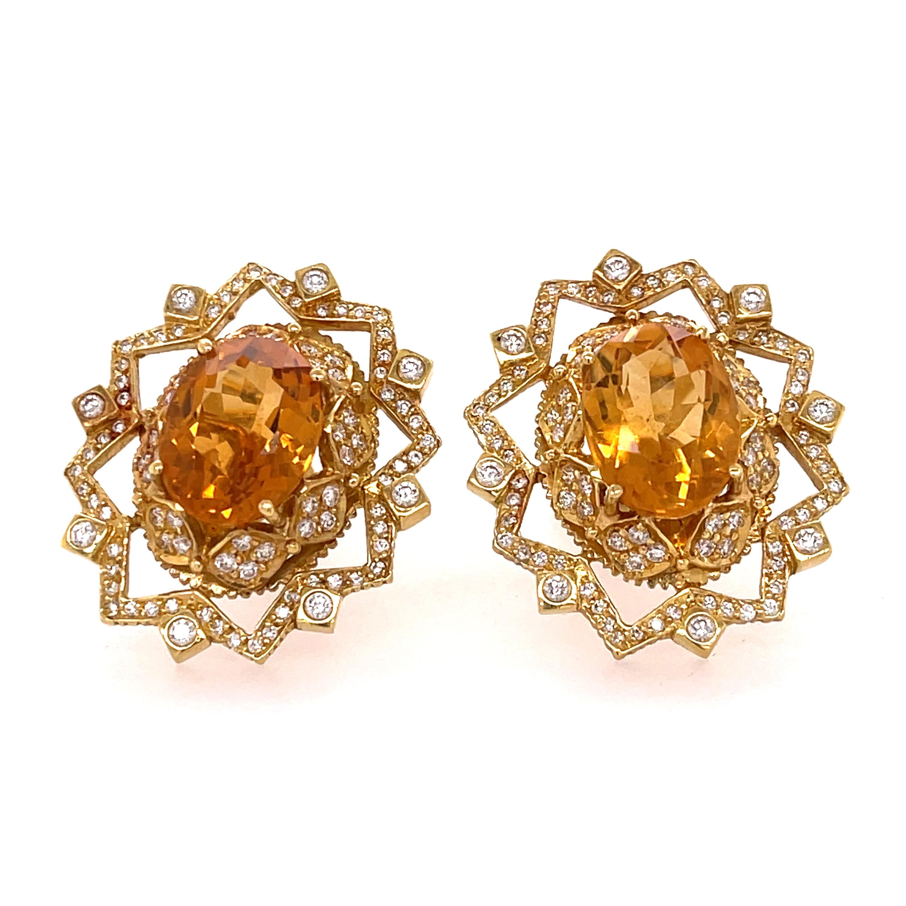 Doris Panos Citrine and Diamond Earring in 18K Yellow Gold. The earrings feature oval cut citrines and approximately 1.75ctw of diamonds. 