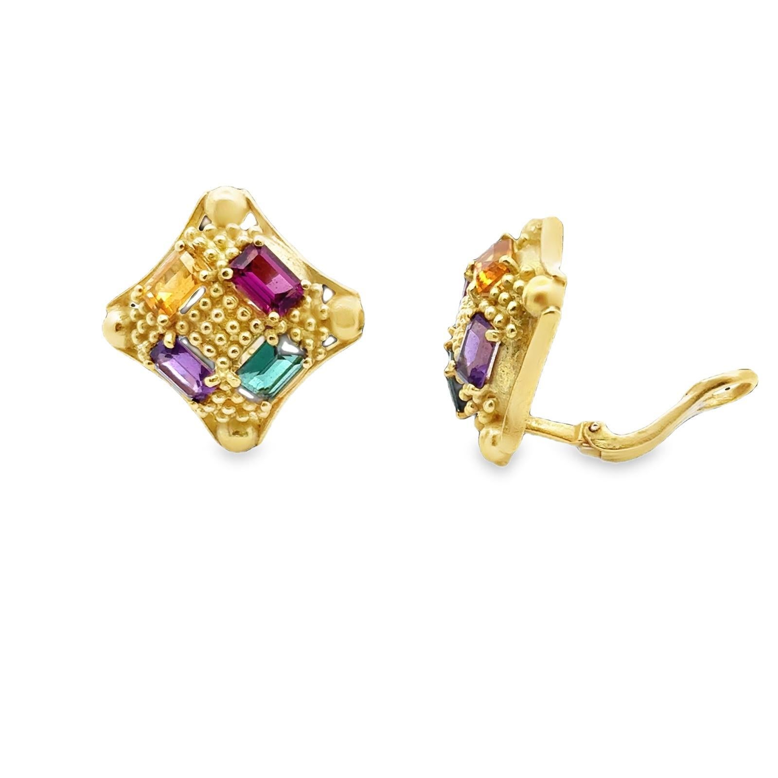 Doris Panos Farbiger Edelstein 18 Karat Gelbgold Clip-On Ohrringe Damen im Angebot