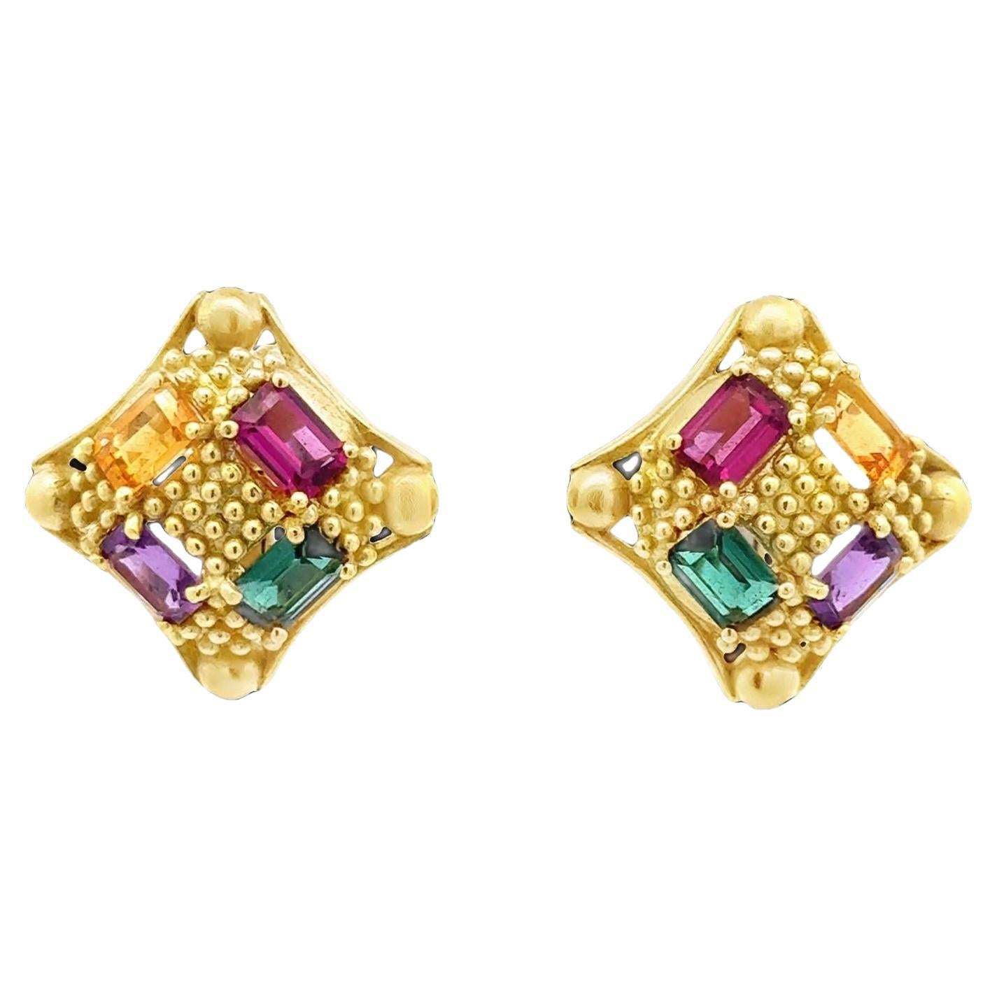 Doris Panos Farbiger Edelstein 18 Karat Gelbgold Clip-On Ohrringe im Angebot